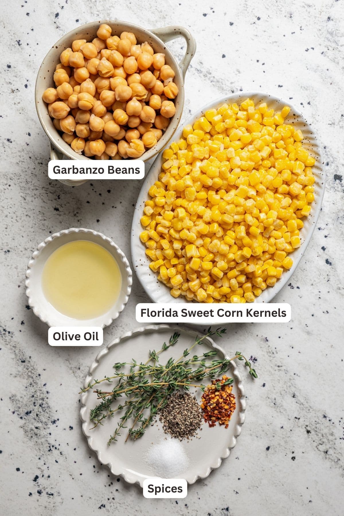 Labeled ingredients for roasted chickpeas and sweet corn.
