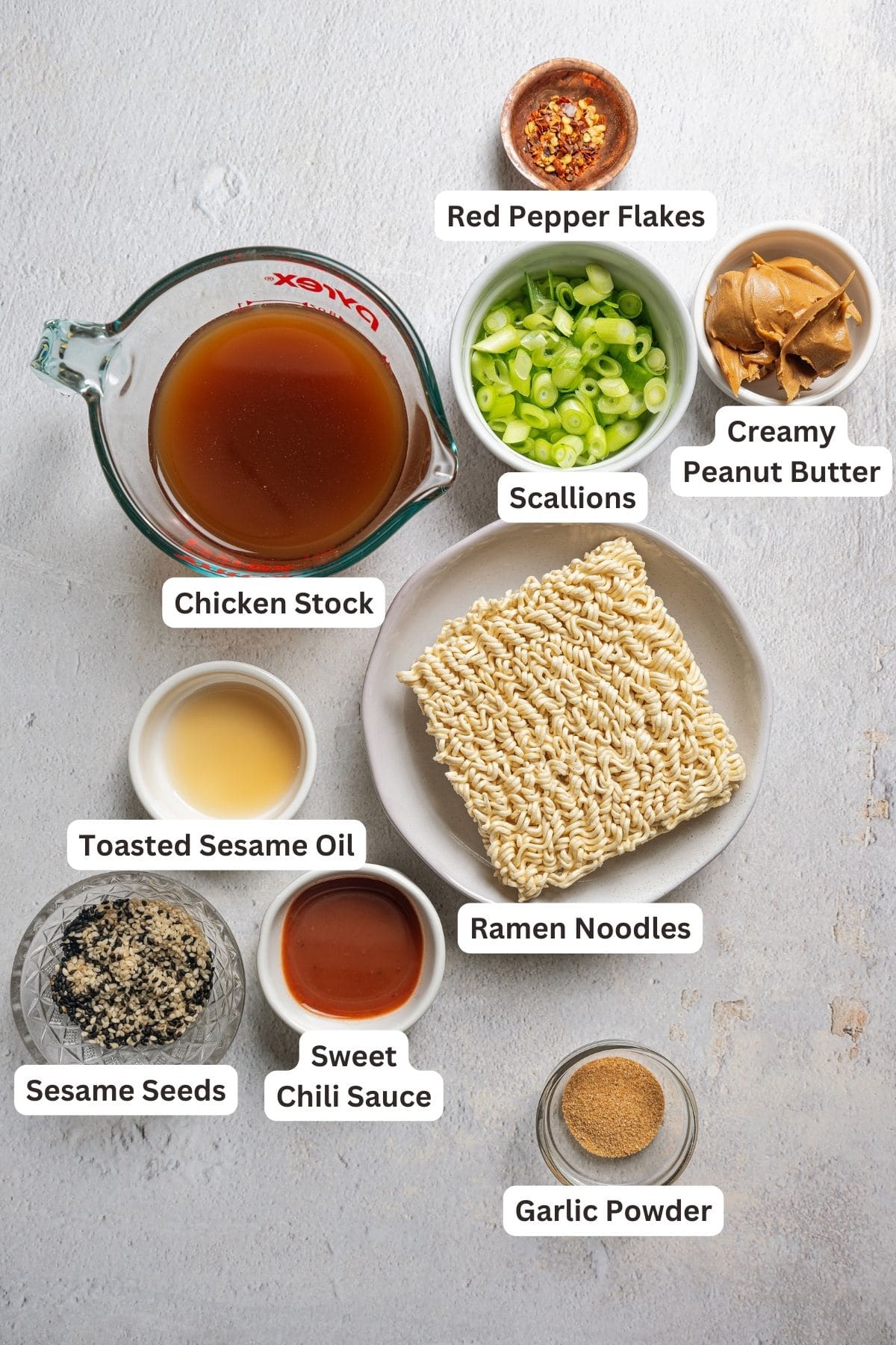 Labeled ingredients for peanut butter ramen.