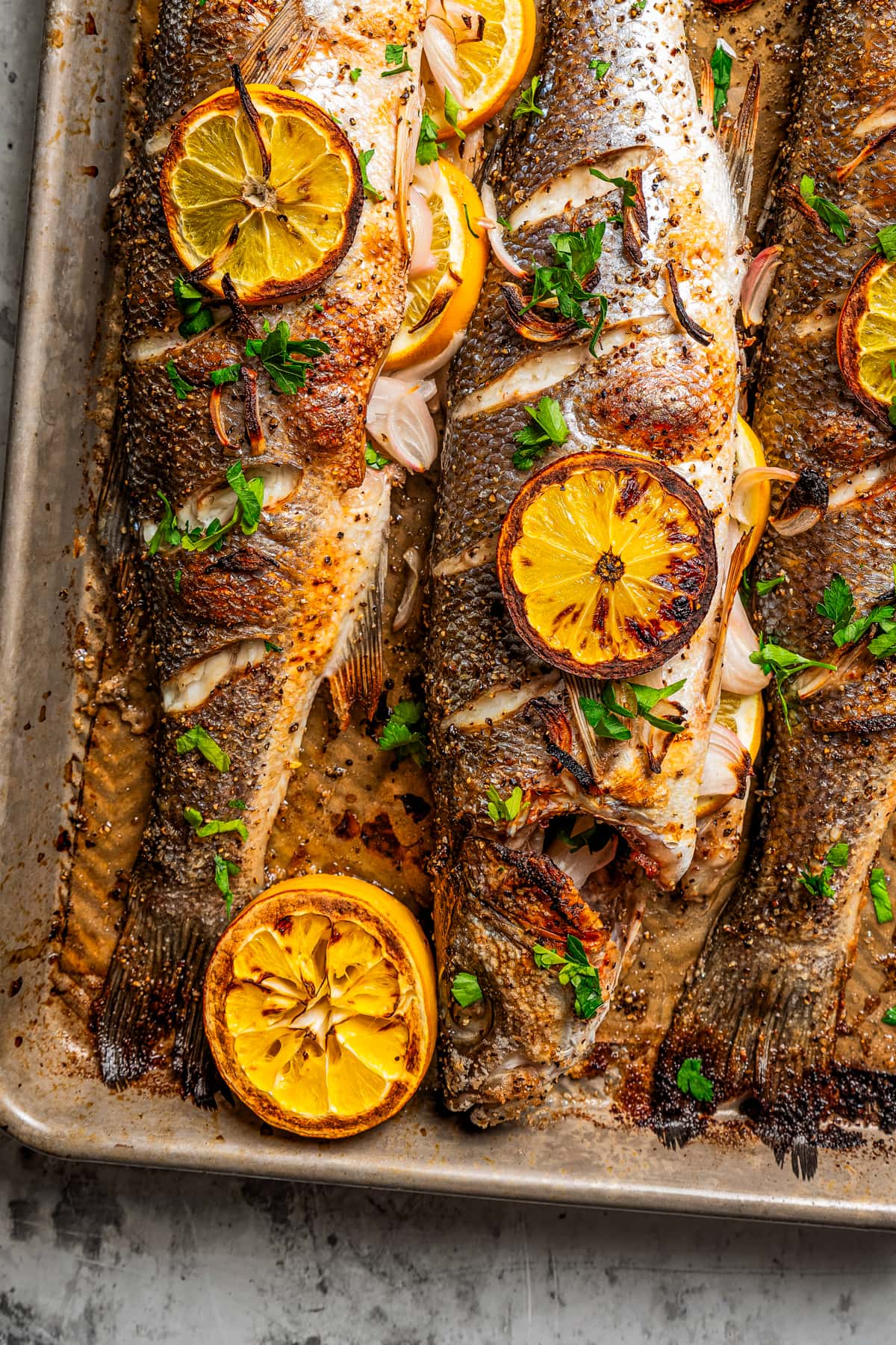 Up close photo of whole cooked fish garnished with herbs and lemon slices.