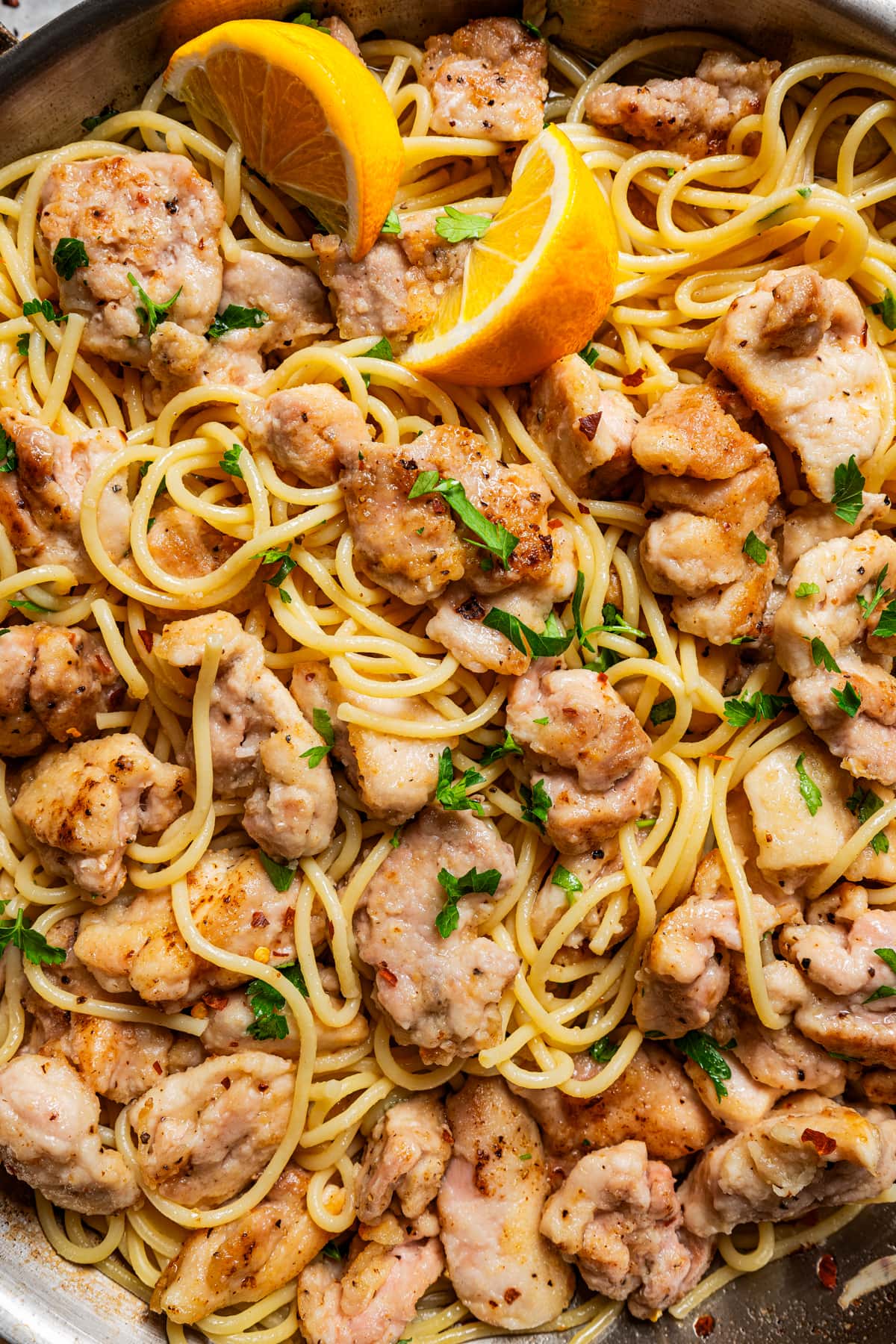 Close-up image of chicken scampi.