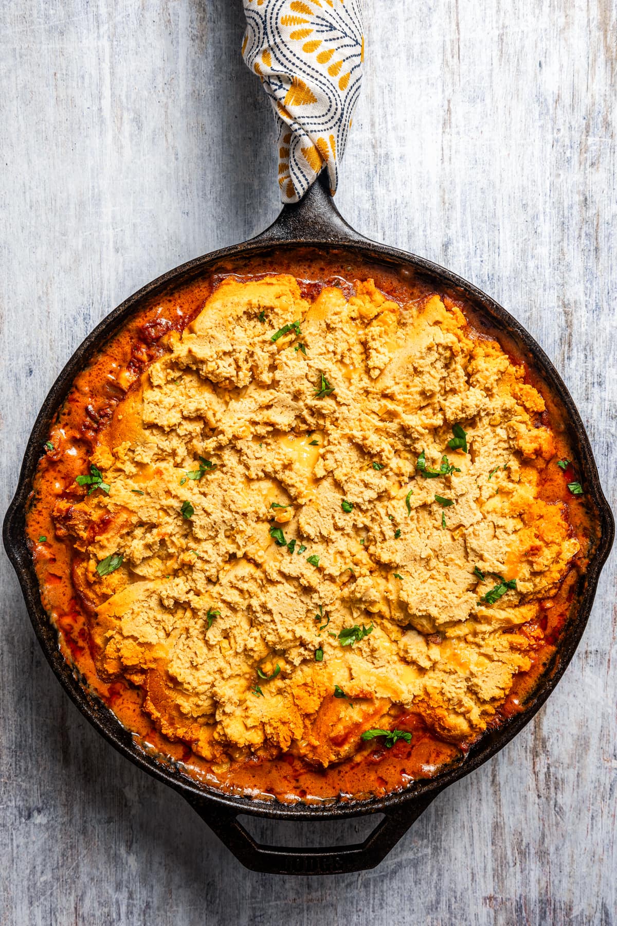 Overhead image of tamale pie in a skillet.
