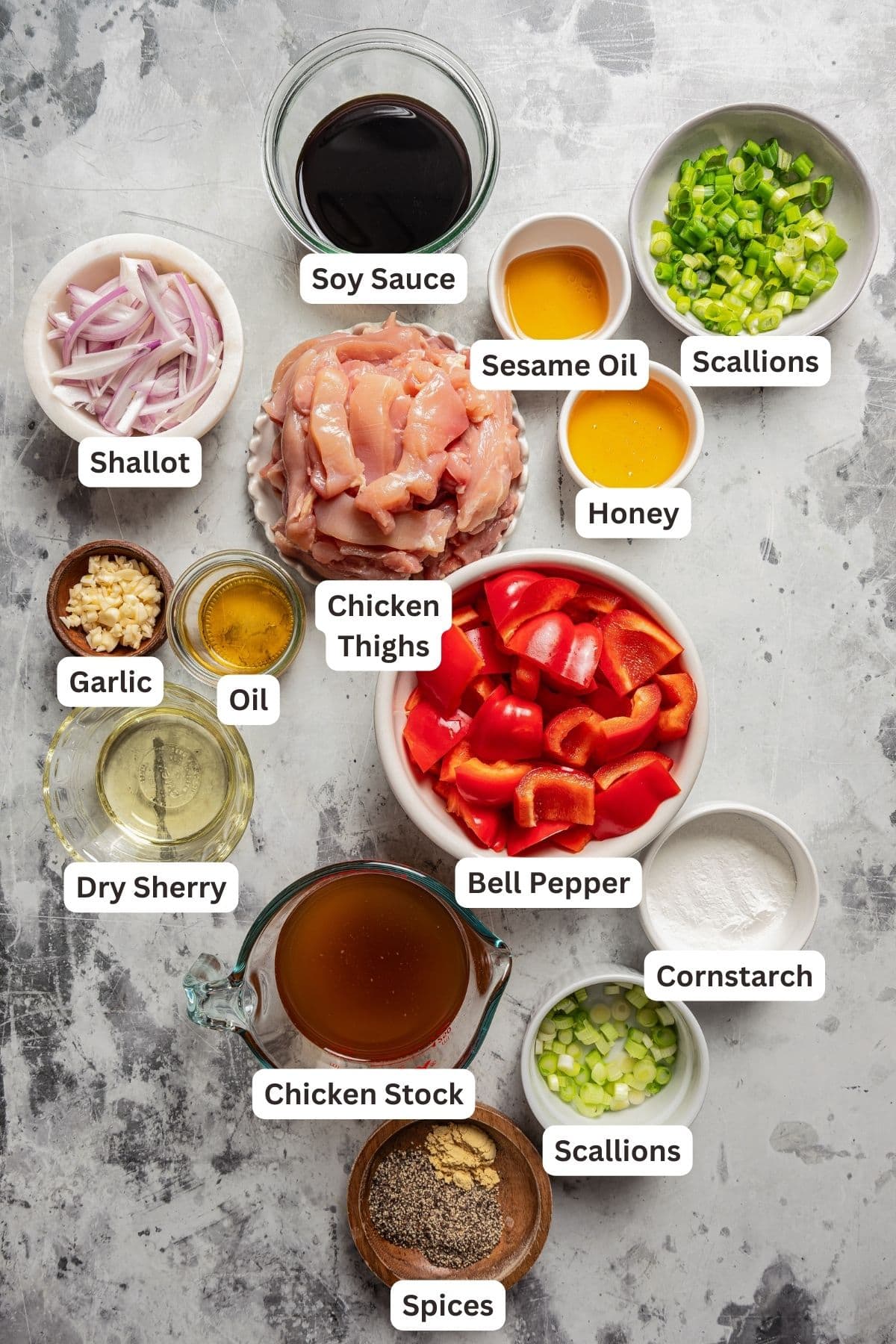 Ingredients for black pepper chicken with text labels overlaying each ingredient.