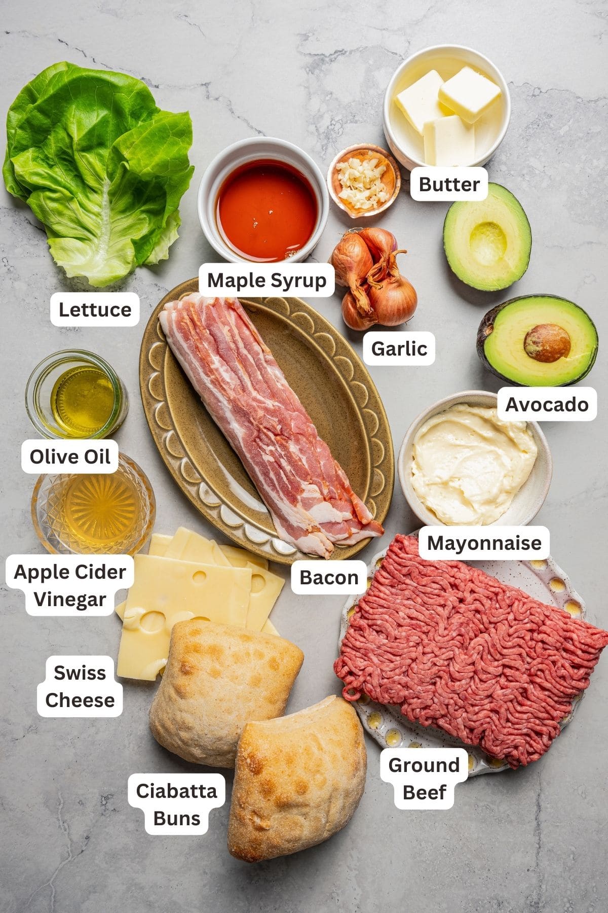 Ingredients for California burgers with text labels overlaying each ingredient.