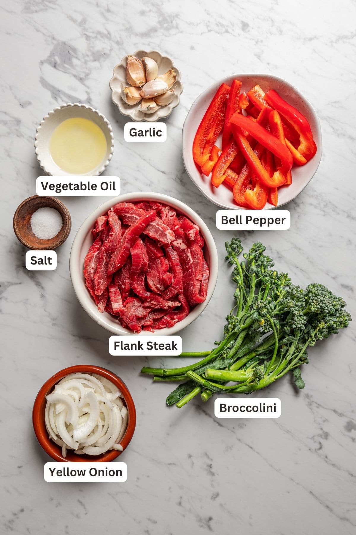 Ingredients for Hunan beef with text overlaying each ingredient.