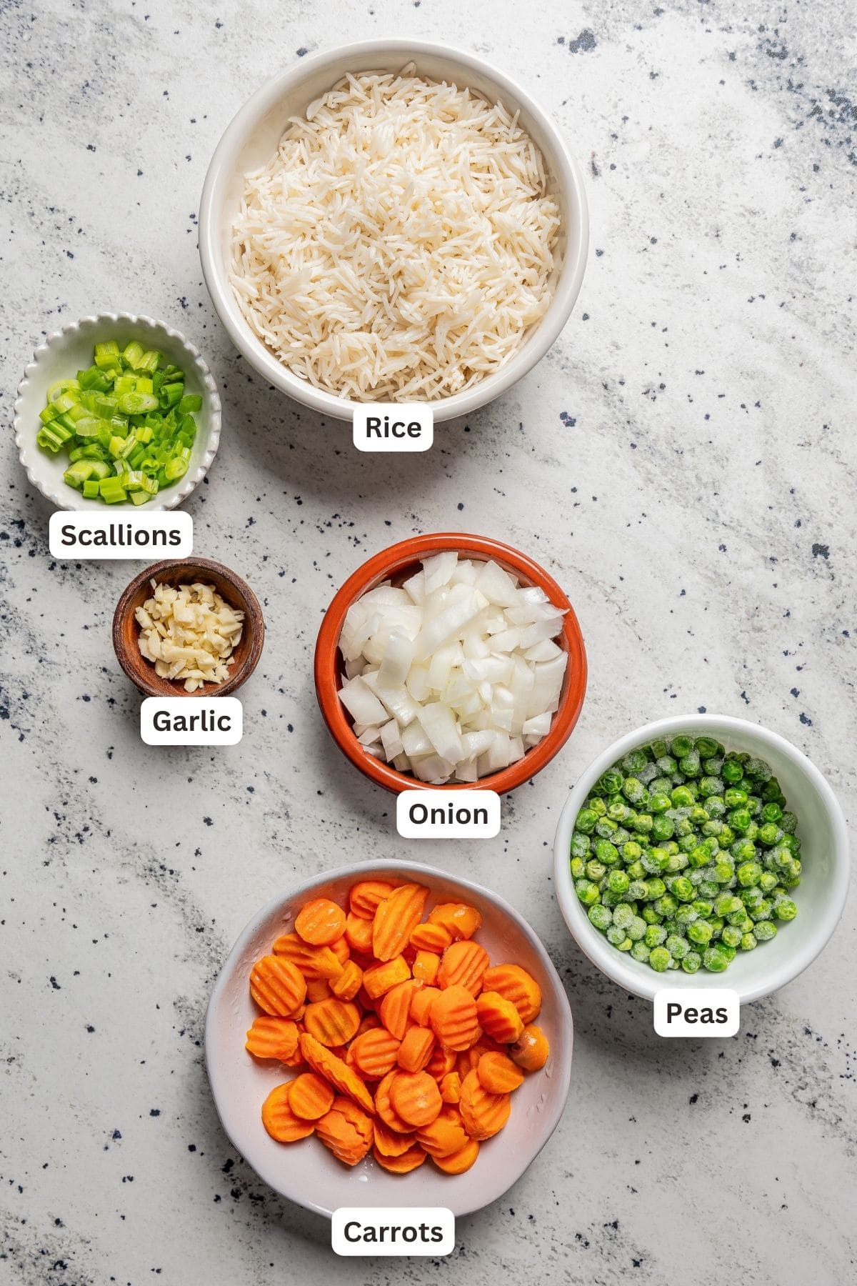 Fried rice ingredients with text labels overlaying each ingredient.