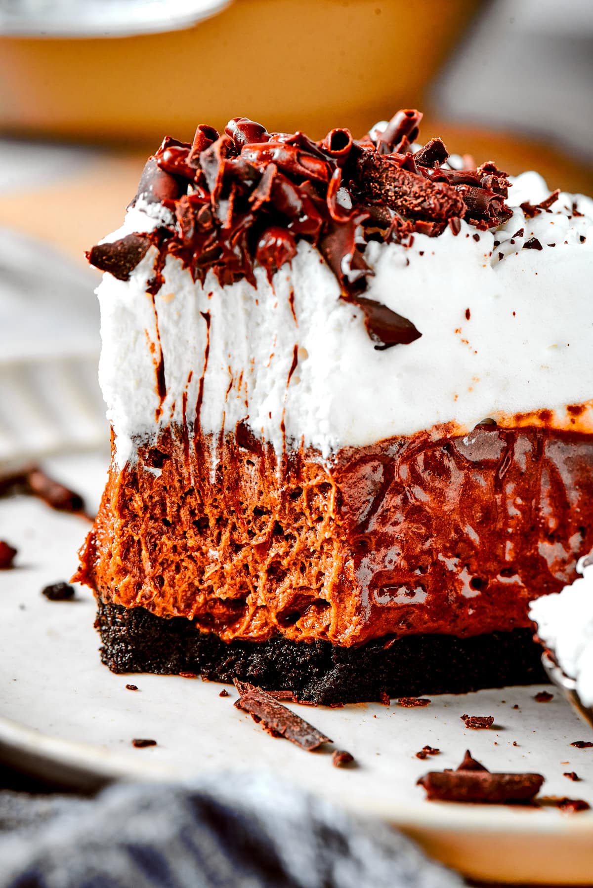 A slice of French Silk Pie served on a plate.