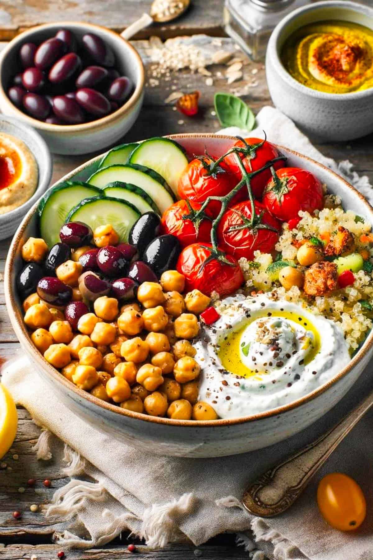 Bowl with quinoa, chickpeas, sliced red peppers, halved cherry tomatoes, cucumbers, olives, hummus, and tzatziki.