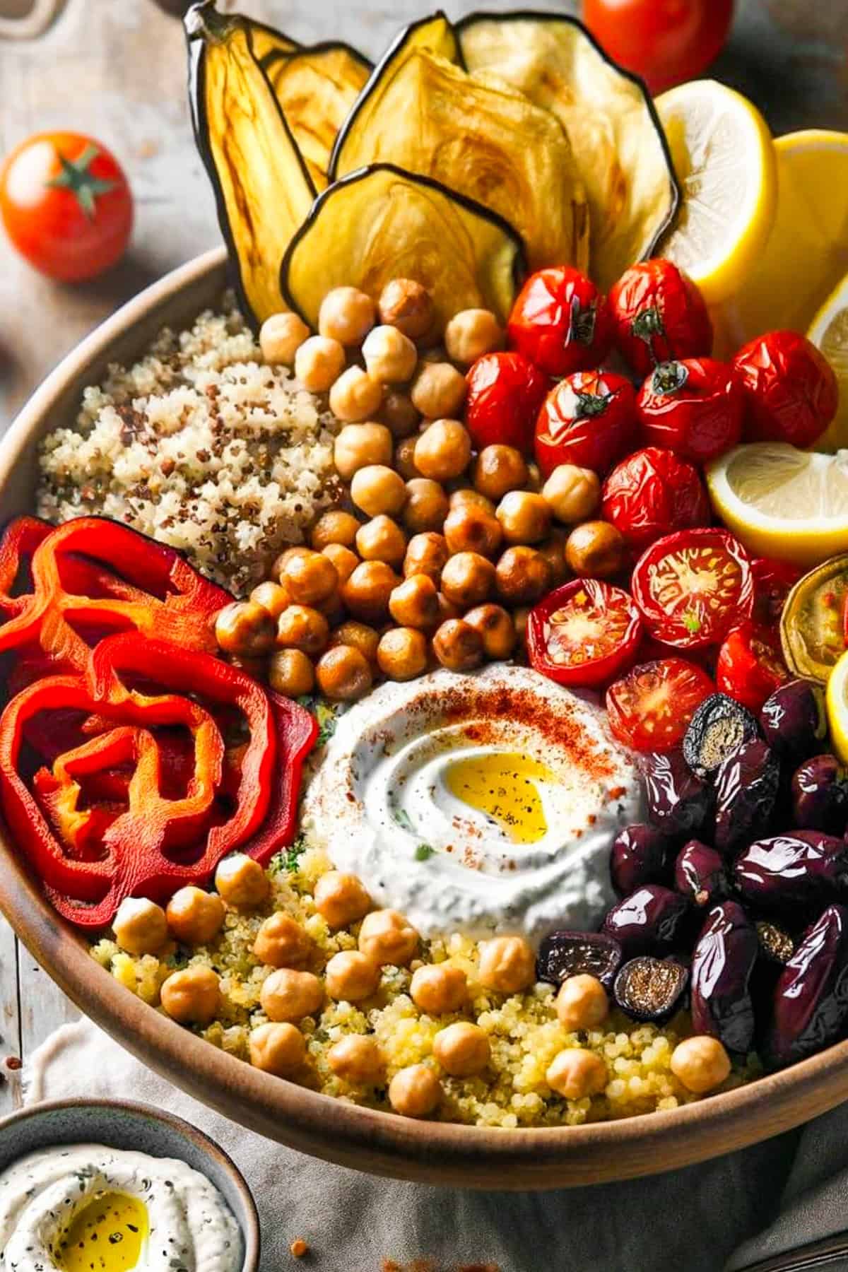 Up close photo of a Mediterranean grain bowl with quinoa, chickpeas, sliced red peppers, halved cherry tomatoes, cucumbers, olives, and tzatziki.
