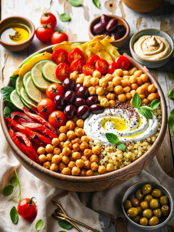 Overhead of a bowl with quinoa, chickpeas, sliced red peppers, halved cherry tomatoes, cucumbers, olives, and tzatziki.