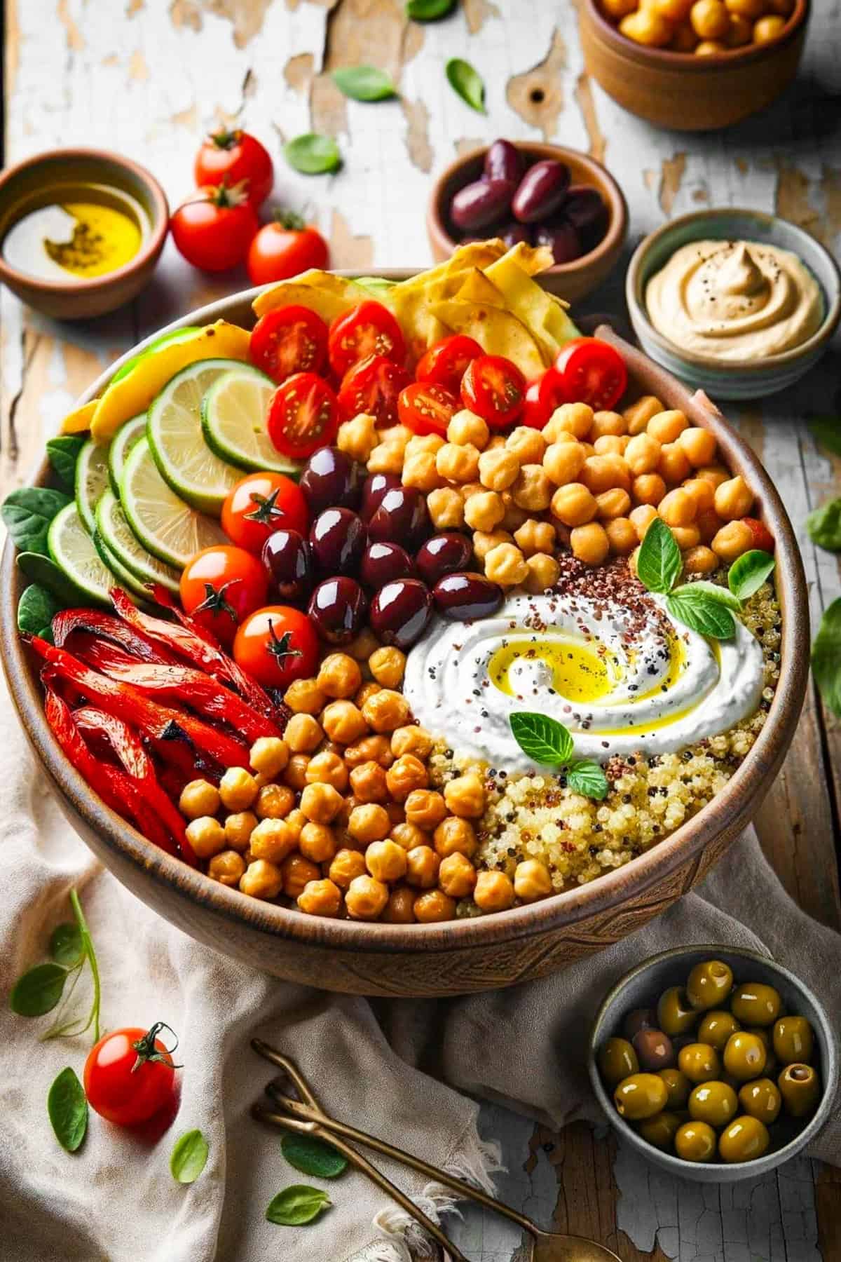 Overhead of a bowl with quinoa, chickpeas, sliced red peppers, halved cherry tomatoes, cucumbers, olives, and tzatziki.