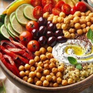 Close-up of a Medterranean bowl with quinoa, chickpeas, sliced red peppers, halved cherry tomatoes, cucumbers, olives, and tzatziki.
