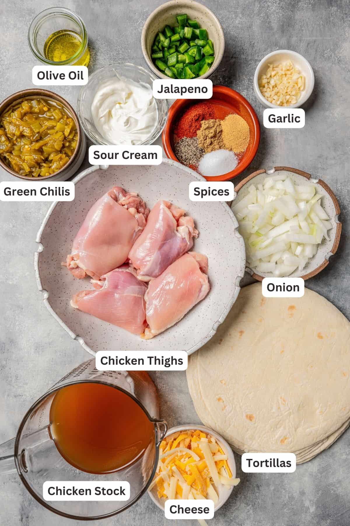 Ingredients for green chili chicken enchiladas with text labels overlaying each ingredient.