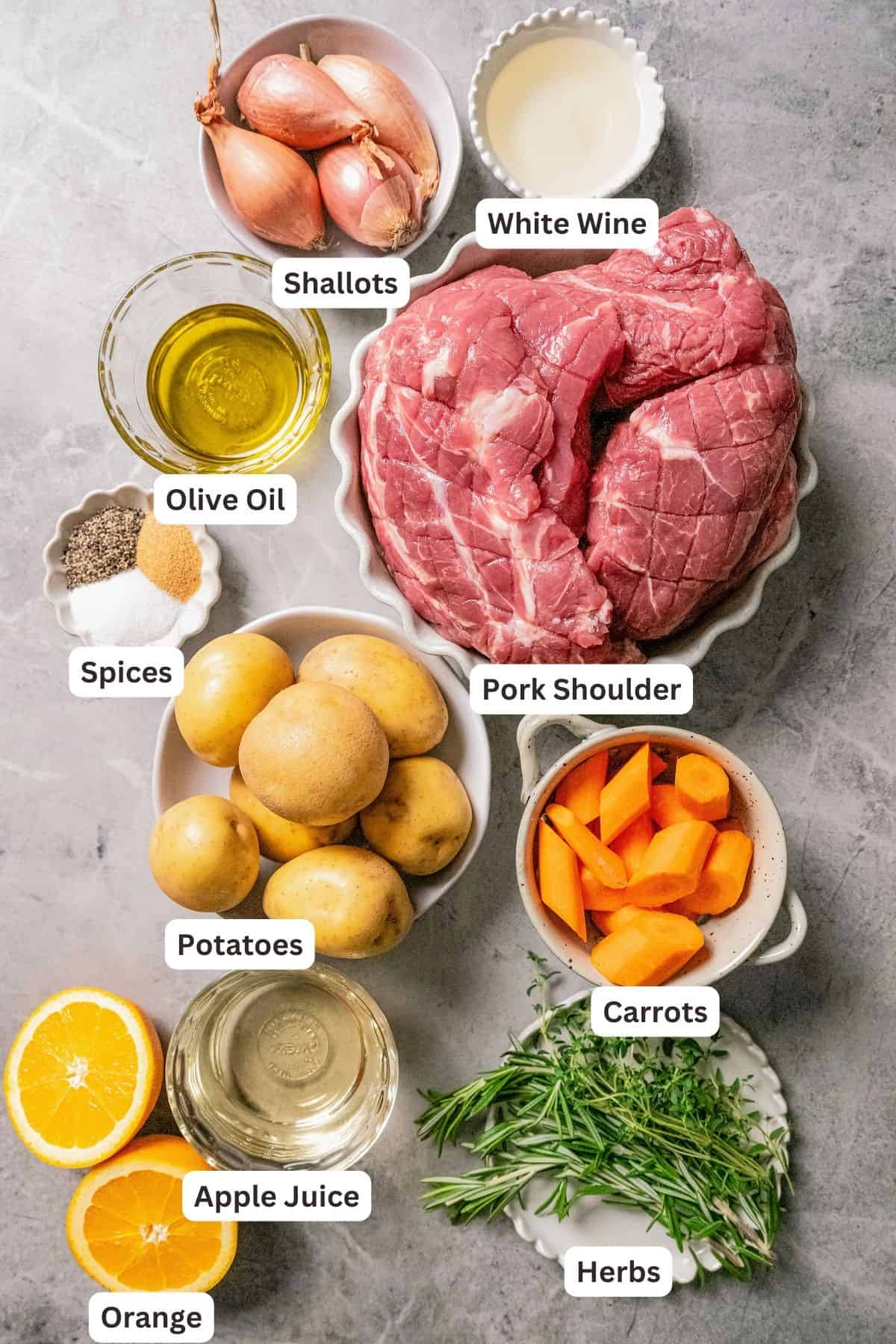 Pork roast ingredients with text labels overlaying each ingredient.