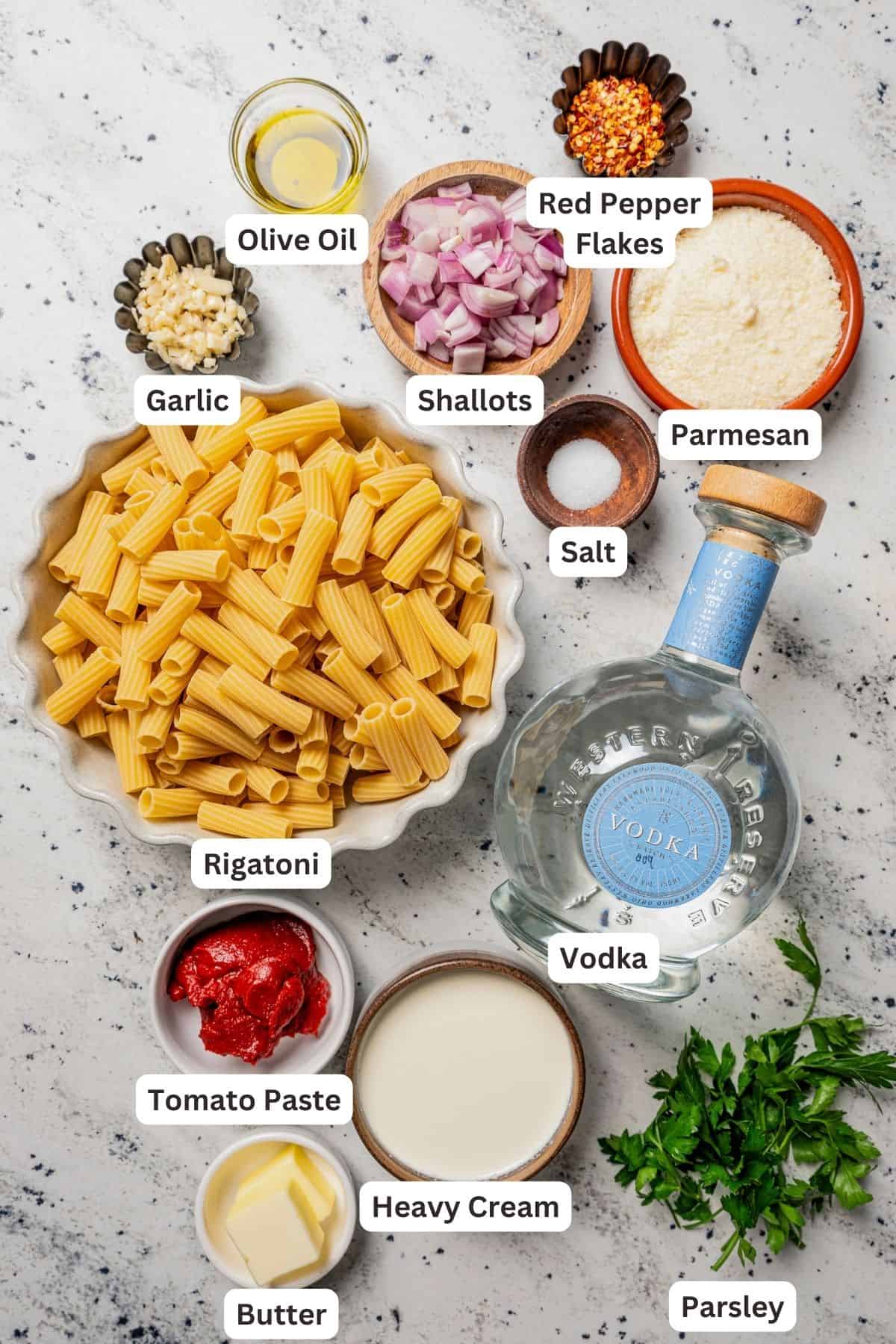 Ingredients for spicy rigatoni alla vodka with text labels overlaying each ingredient.