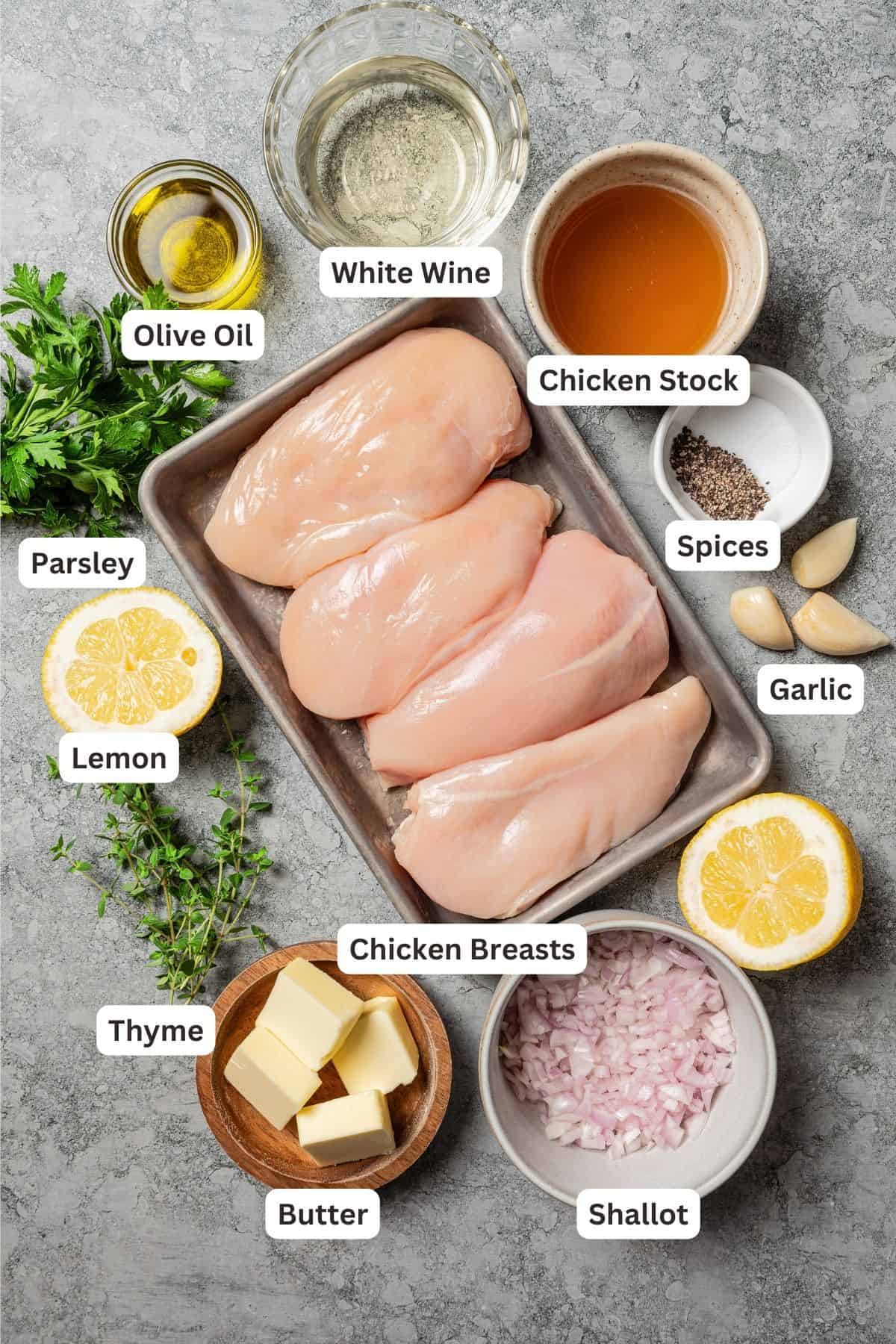 Ingredients for chicken paillard with text labels overlaying each ingredient.