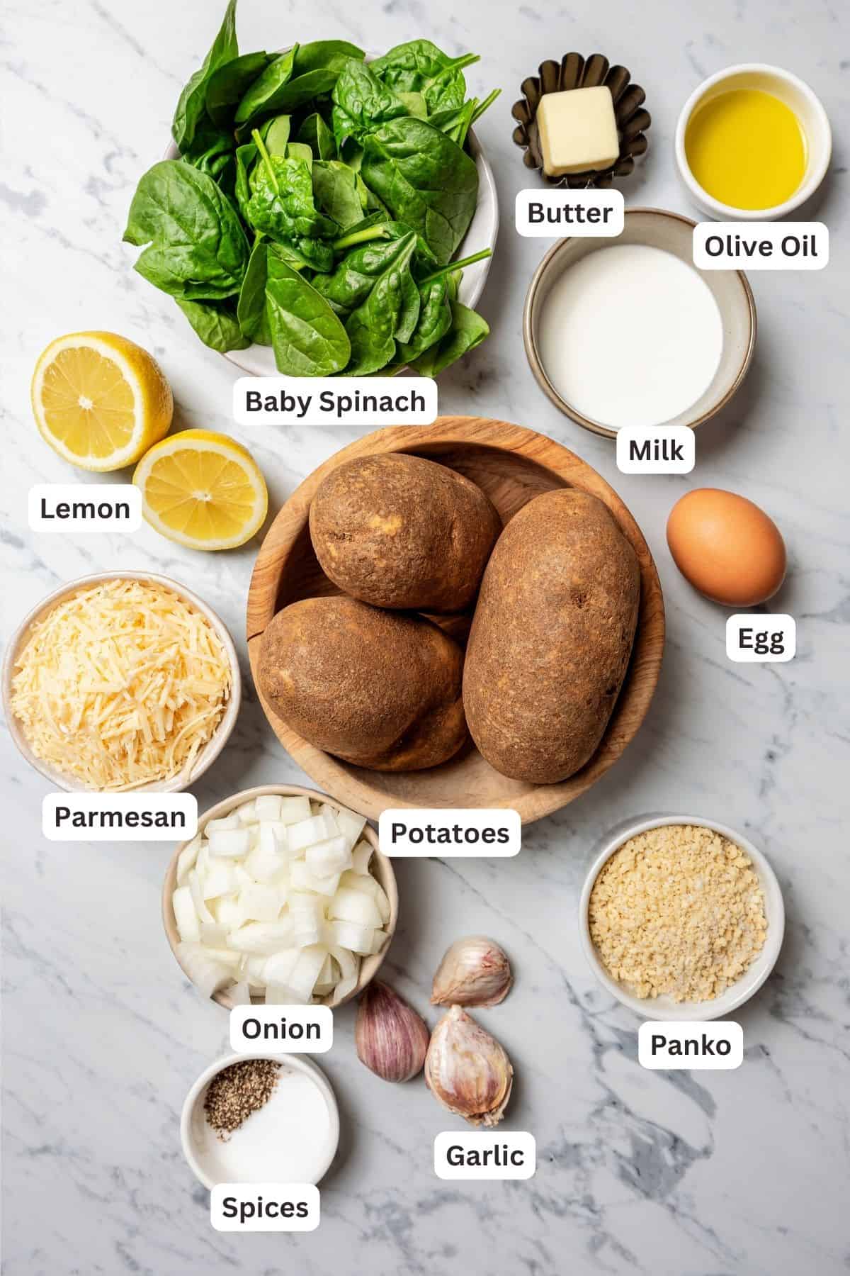 Ingredients for mashed potato pancakes with text labels overlaying each ingredient.