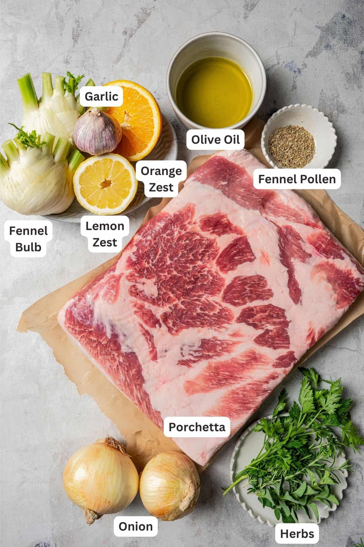 Porchetta ingredients with text labels overlaying each ingredient.