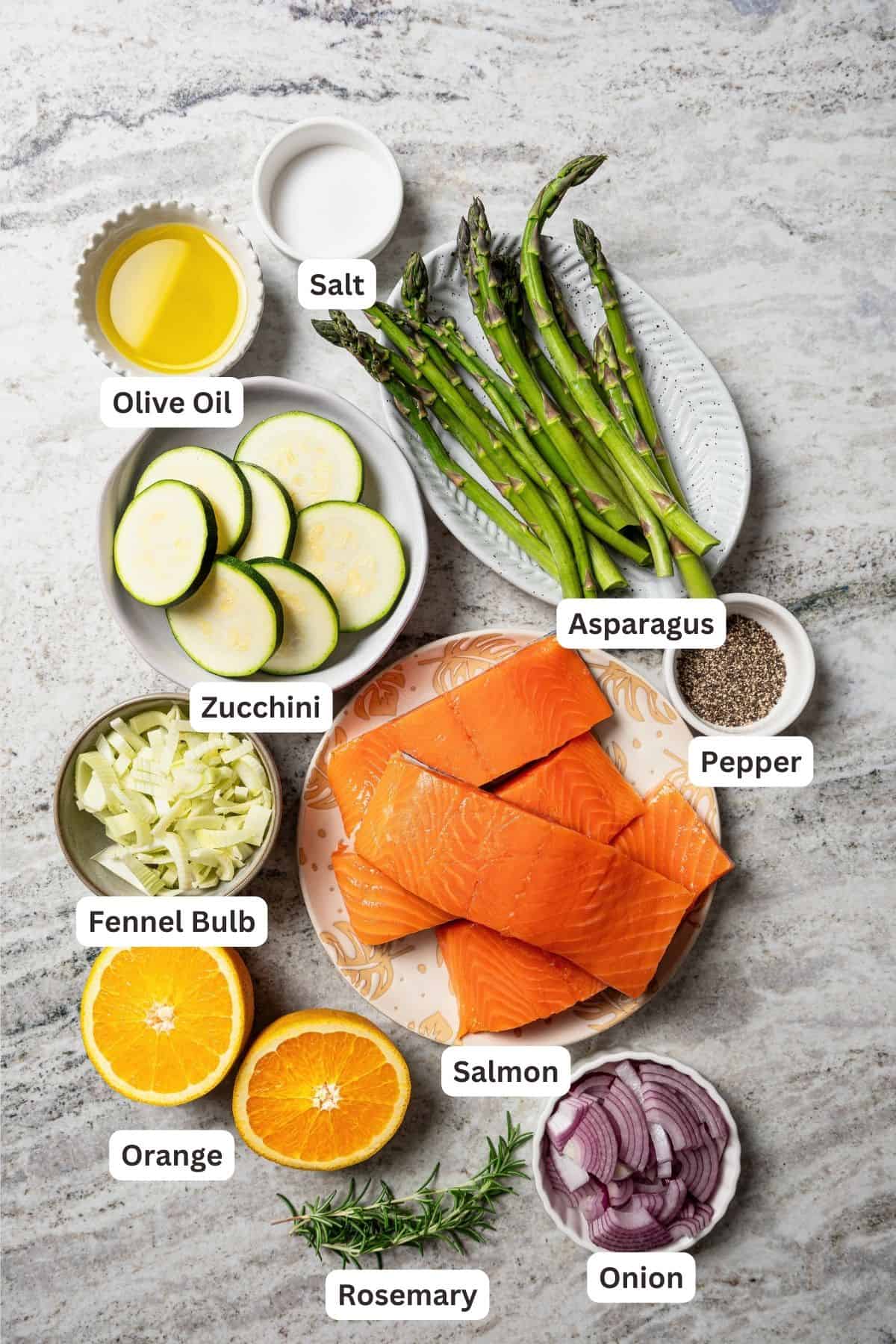 Ingredients for salmon en papillote with text labels overlaying each ingredient.