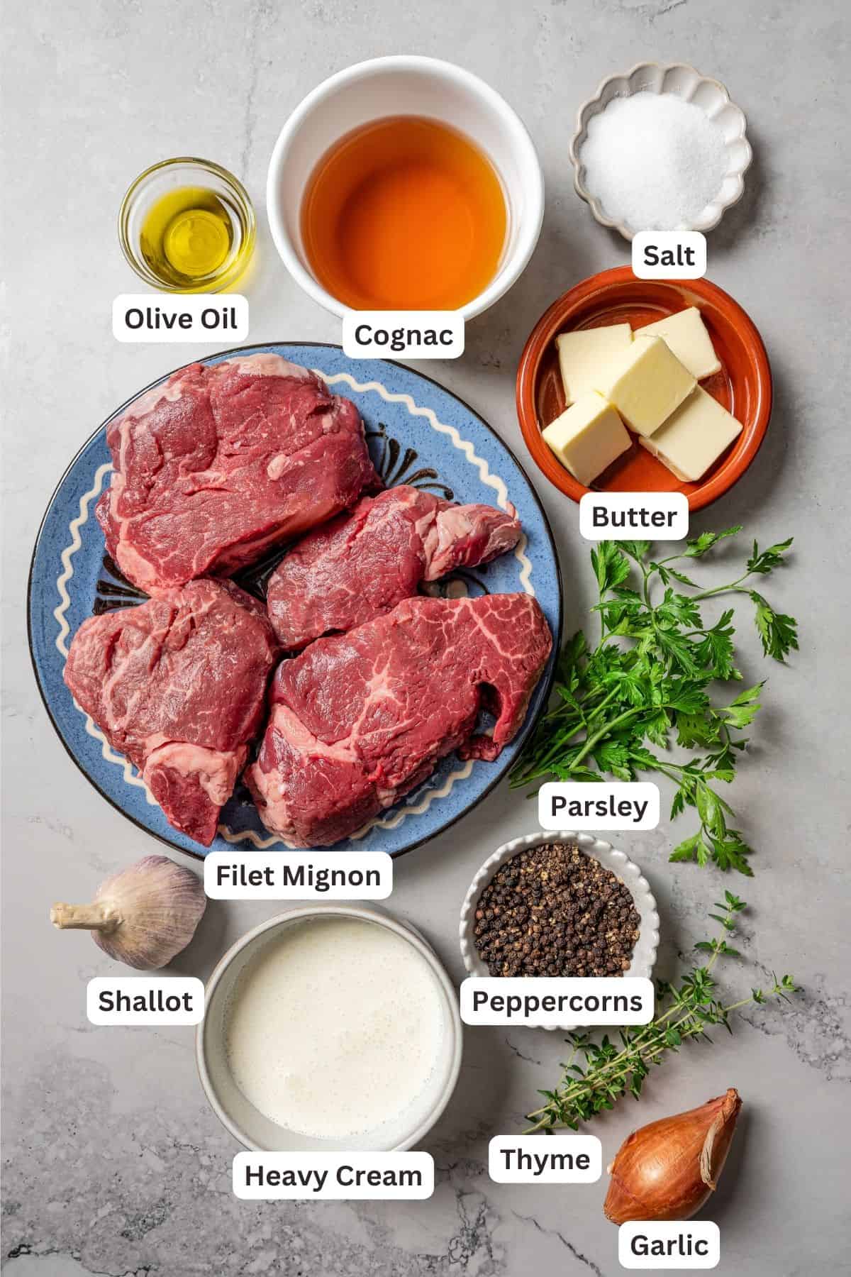 Steak au poivre ingredients with text labels overlaying each ingredient.