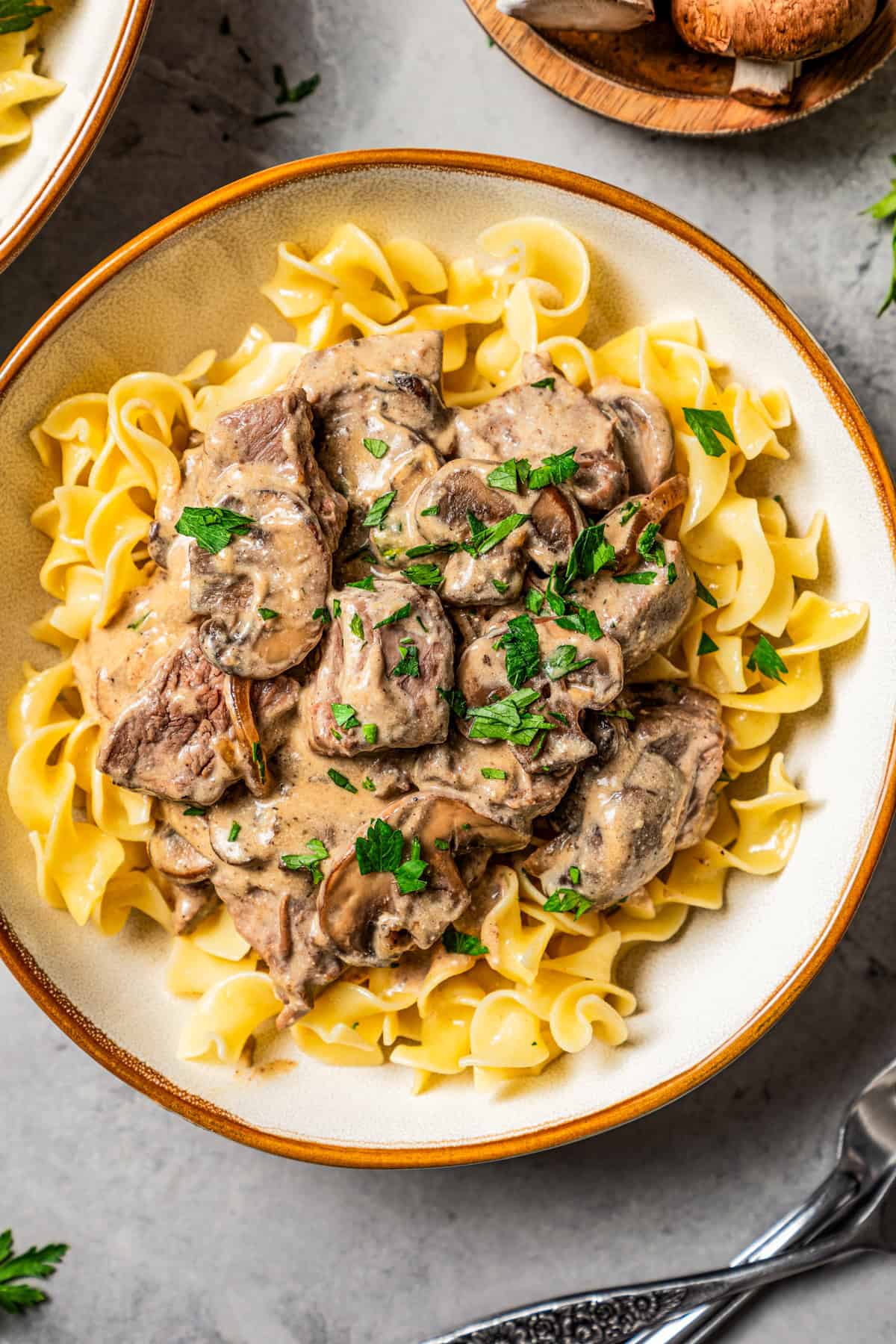 Overhead view of a bowl of beef stroganoff garnished with parsley.