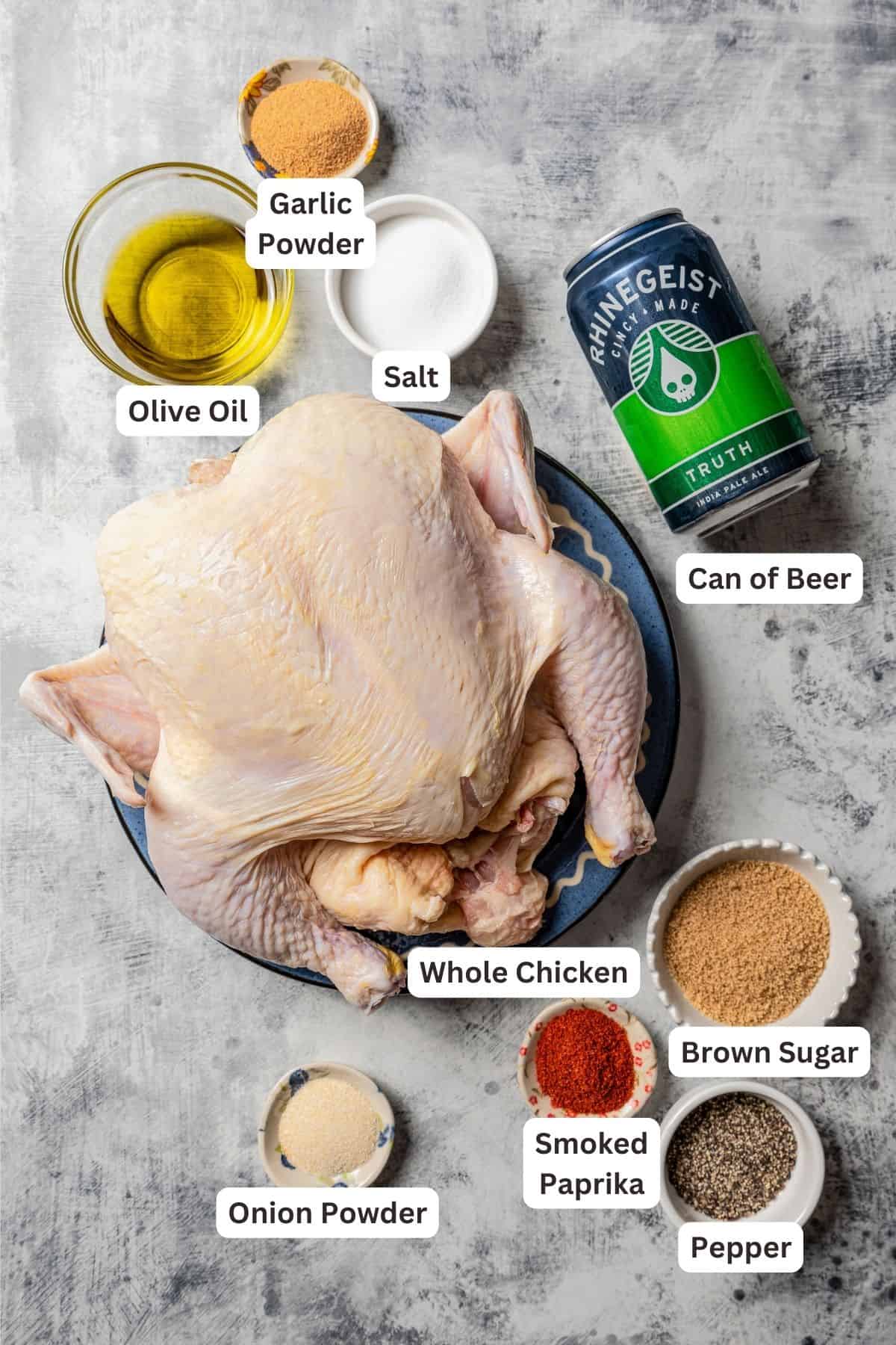 Ingredients for beer can chicken with text labels overlaying each ingredient.