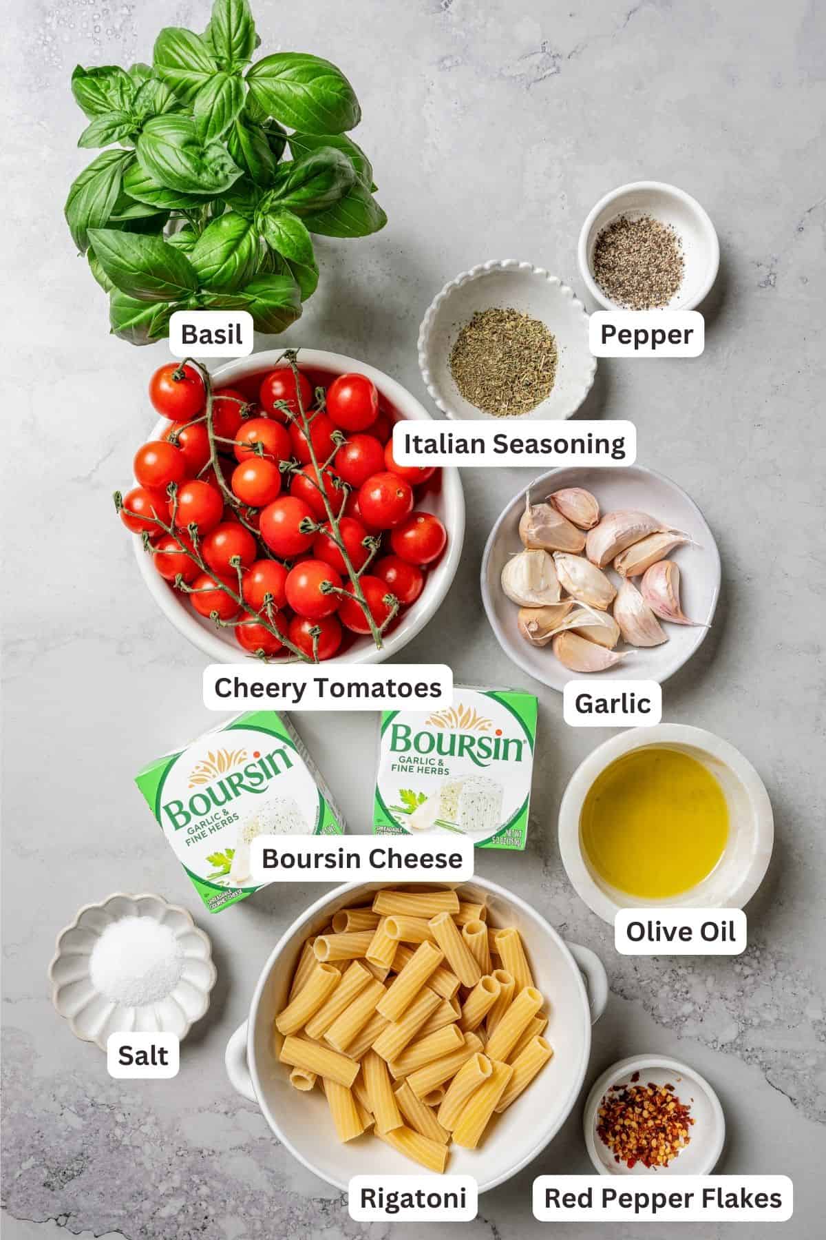 Ingredients for Boursin pasta with text labels overlaying each ingredient.