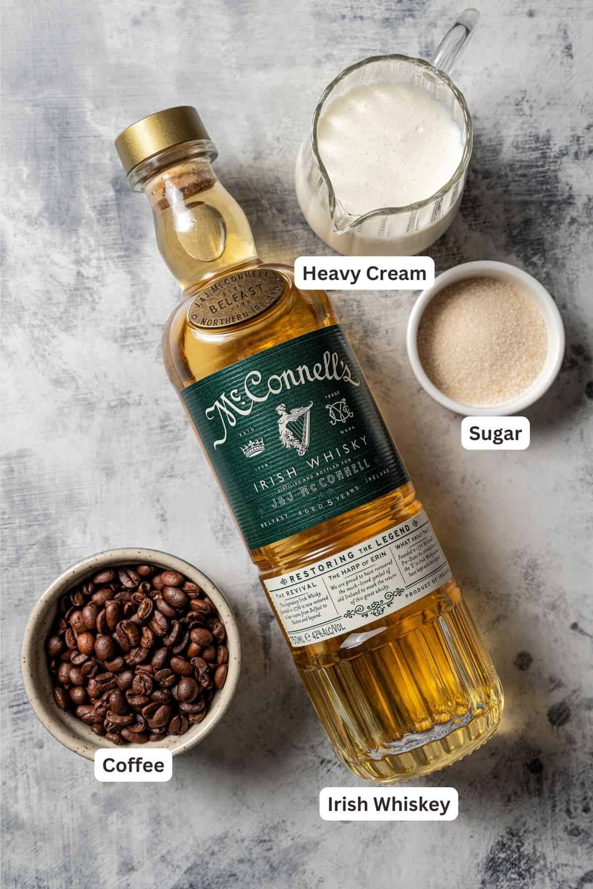 Irish coffee ingredients with text labels overlaying each ingredient.