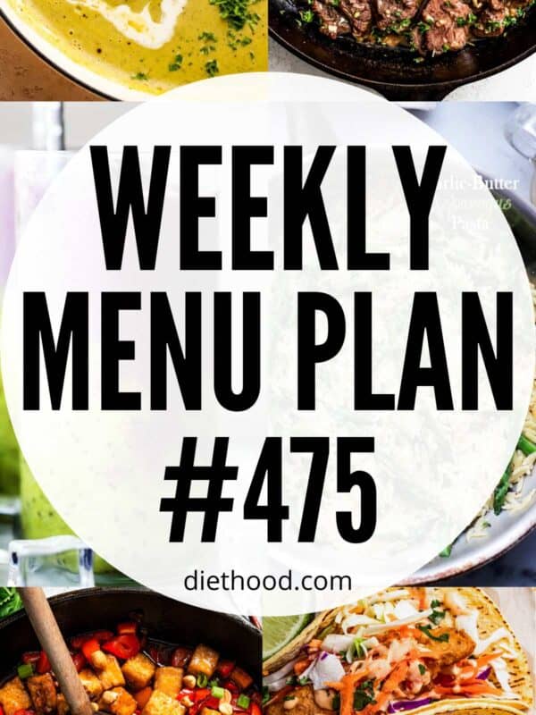 Weekly Menu Plan 475 six image collage Pinterest image.