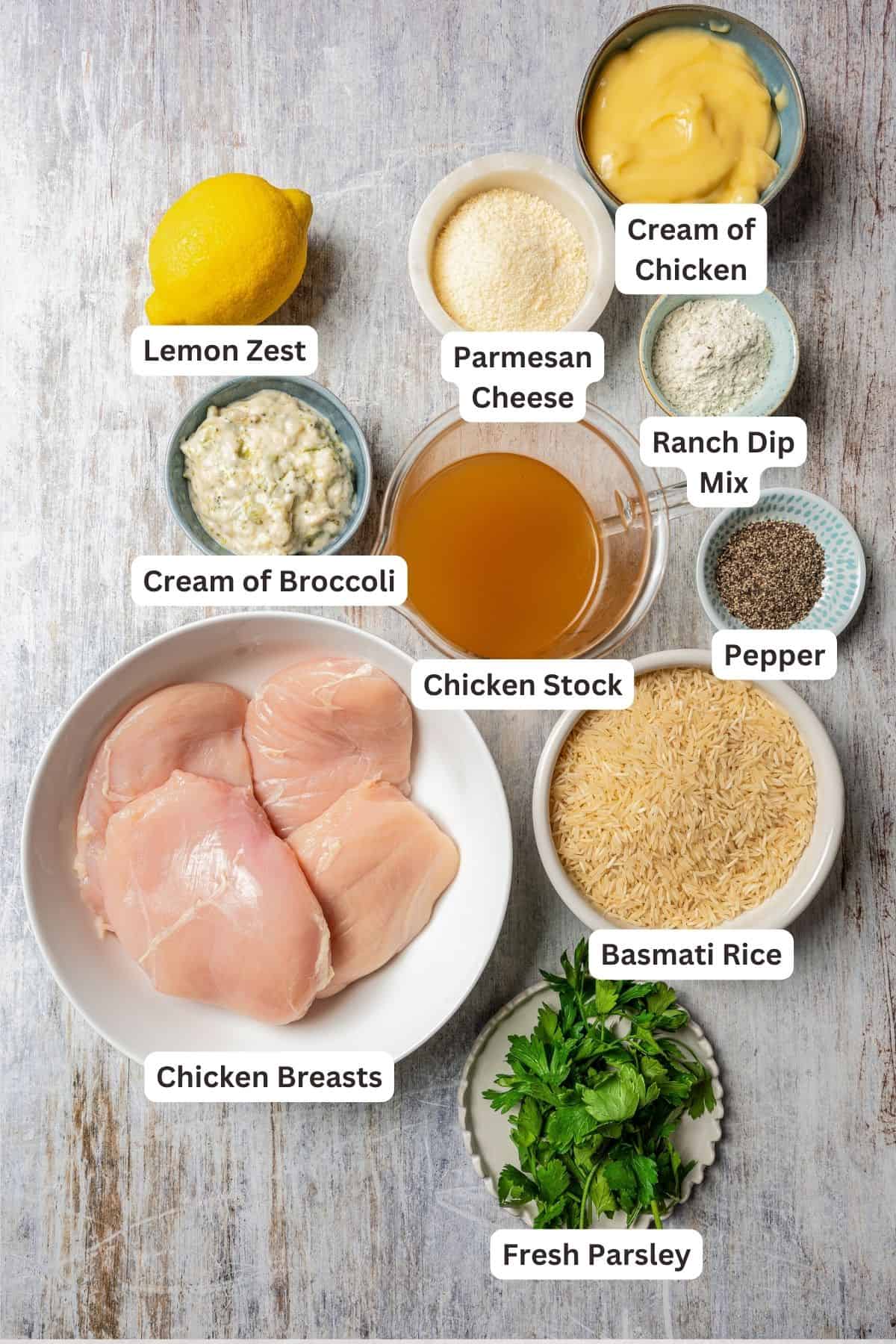 No peek chicken ingredients with text labels overlaying each ingredient.