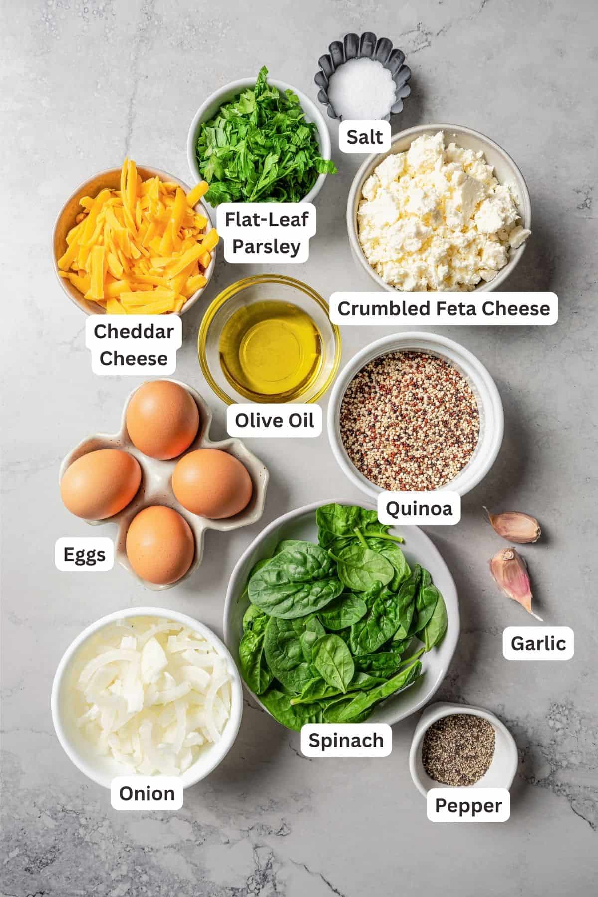 Ingredients for quiche muffins with text labels overlaying each ingredient.