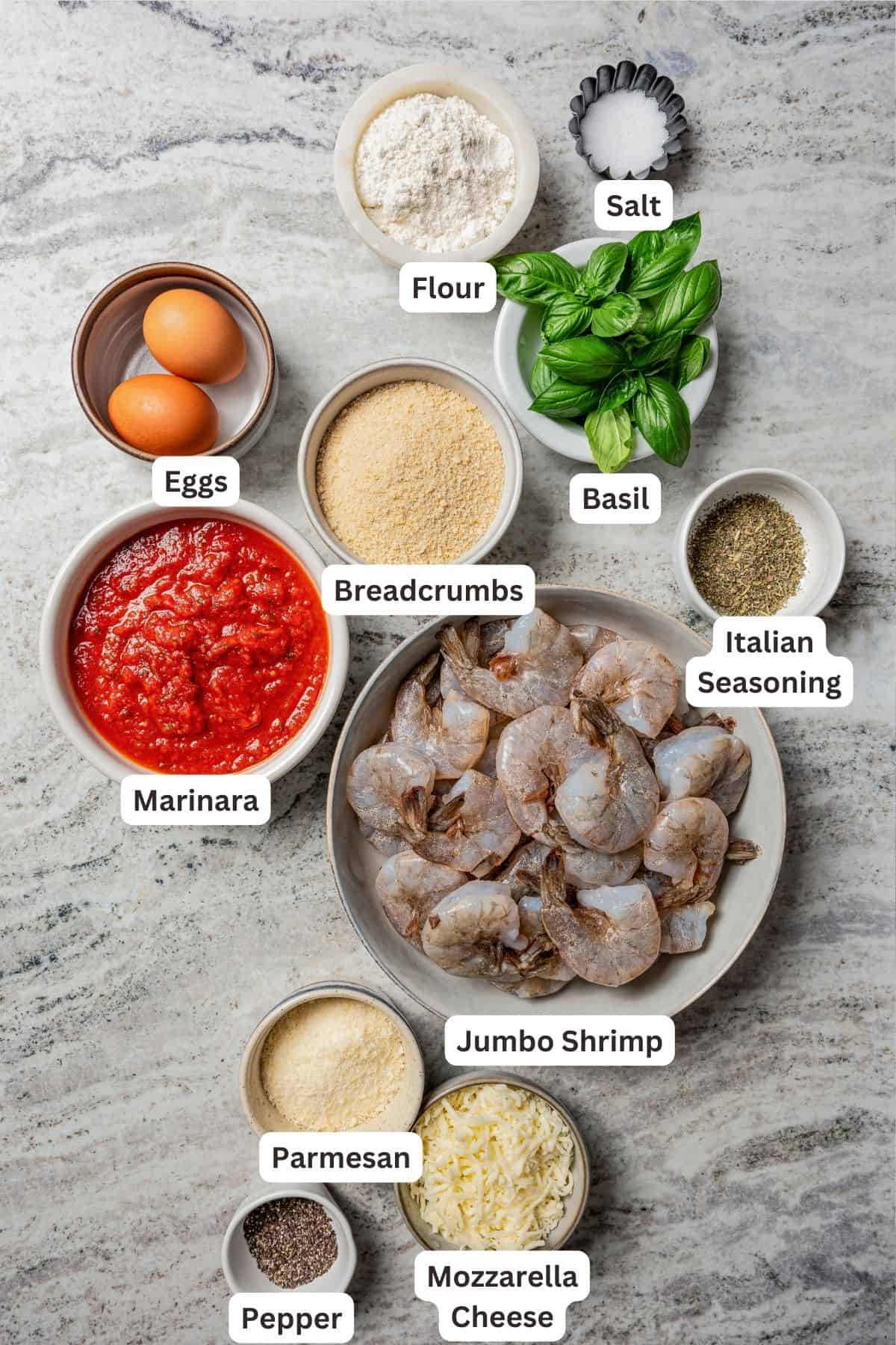 Ingredients for shrimp parmigiana with text labels overlaying each ingredient.