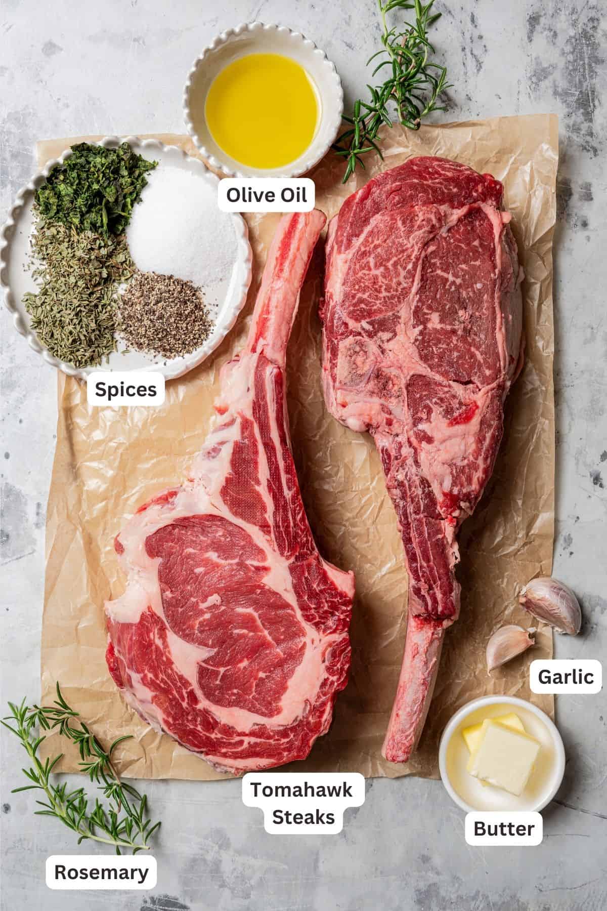 The ingredients for this tomahawk steak recipe with text labels overlaying each ingredient.