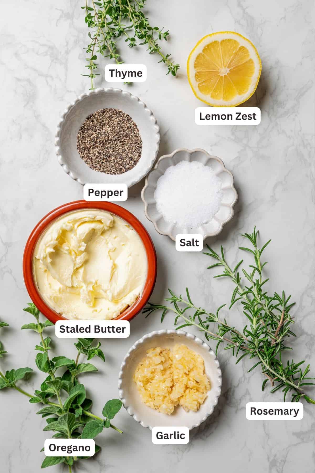 Cook the perfect tomahawk steak that's juicy, tender, and full of flavor just like you'd find in a steakhouse (at a fraction of the cost!). Herb compound butter ingredients with text labels overlaying each ingredient.