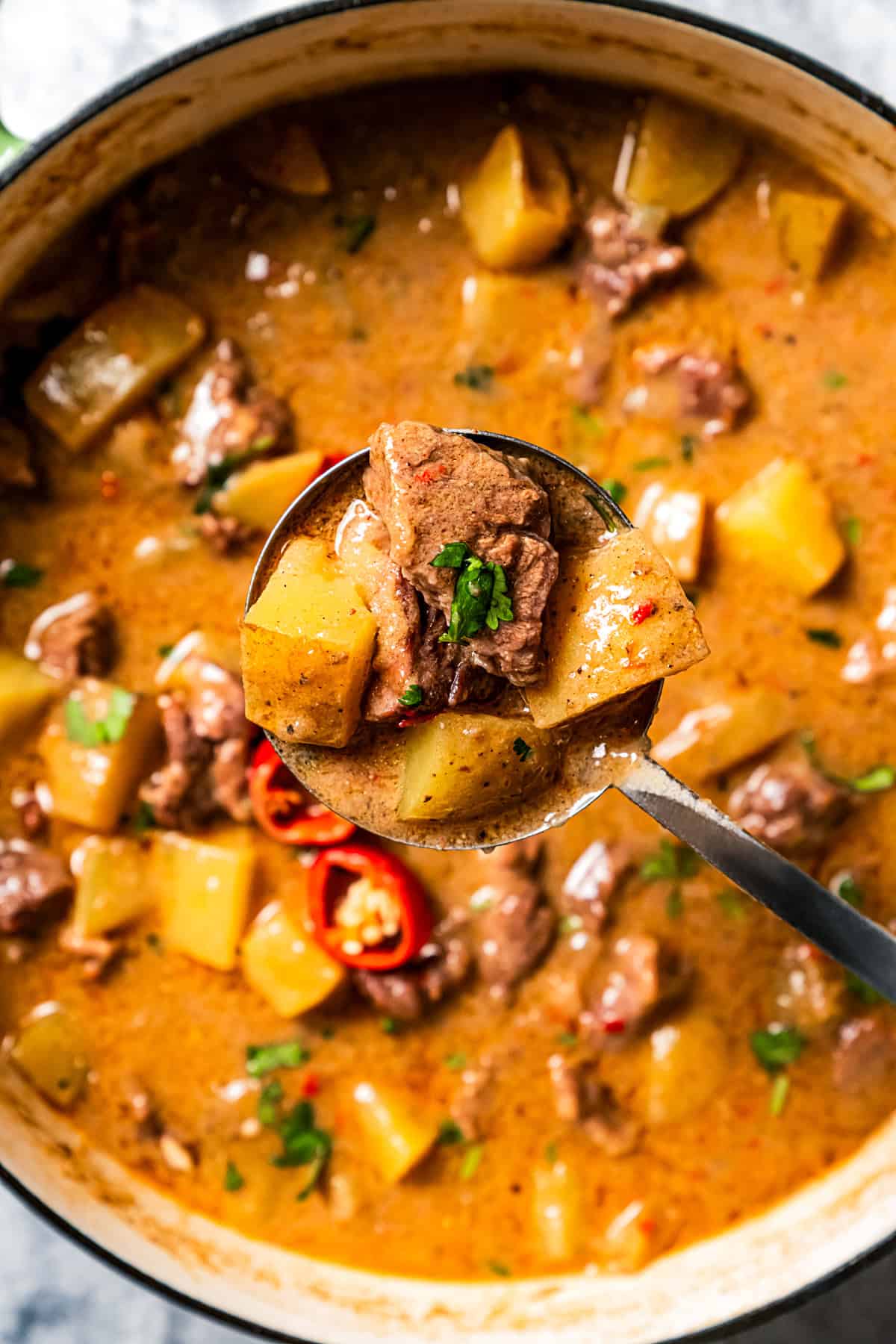 Pot of Massaman curry with a ladle inside it.