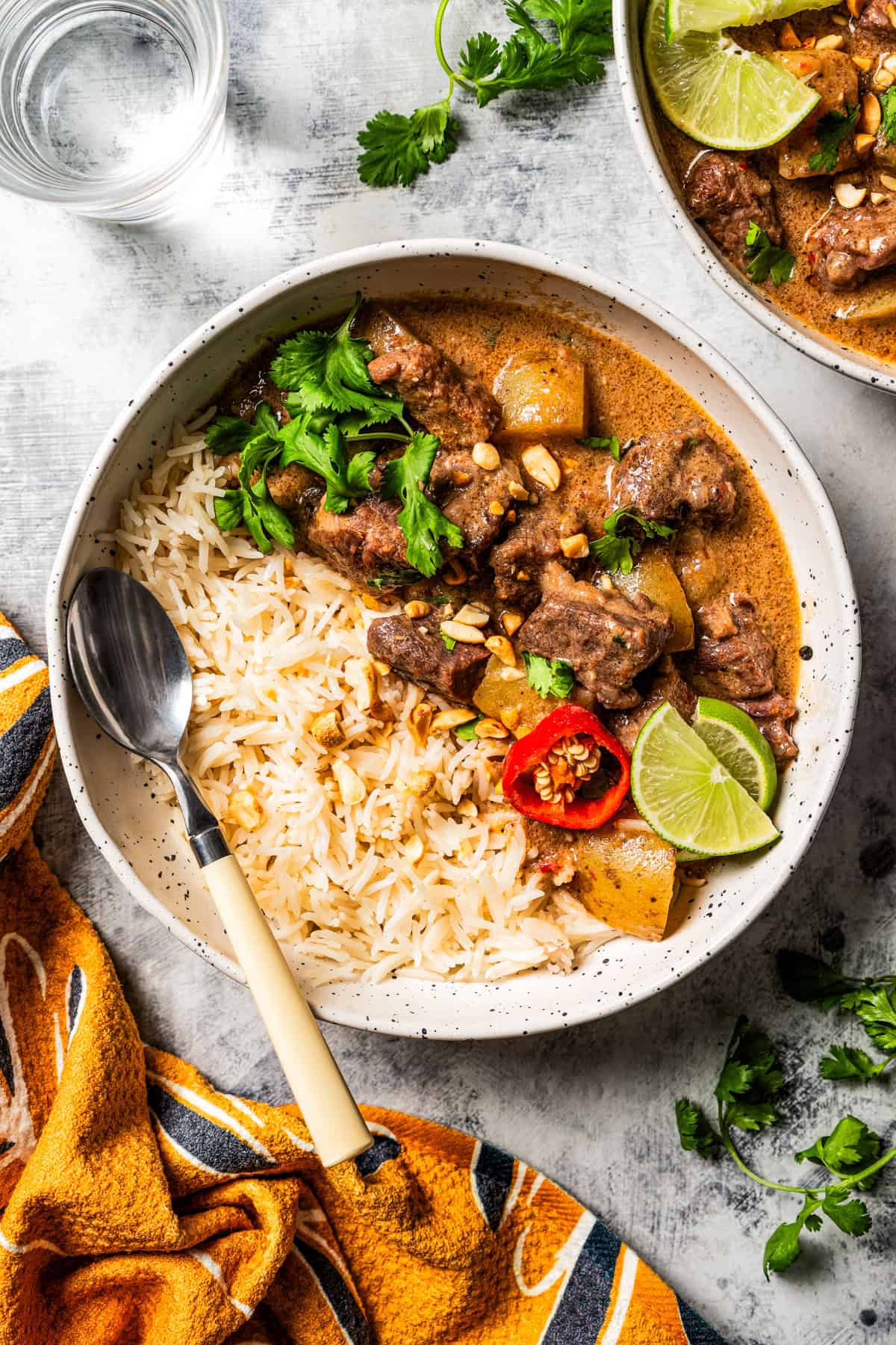 Curry served in bowls with rice, with fresh herbs and a striped dishcloth placed near the bowls.