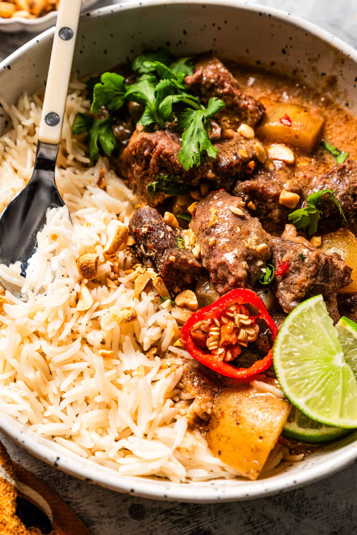 Close-up photo of rice with curry in a bowl, garnished with cilantro and lime wedges.