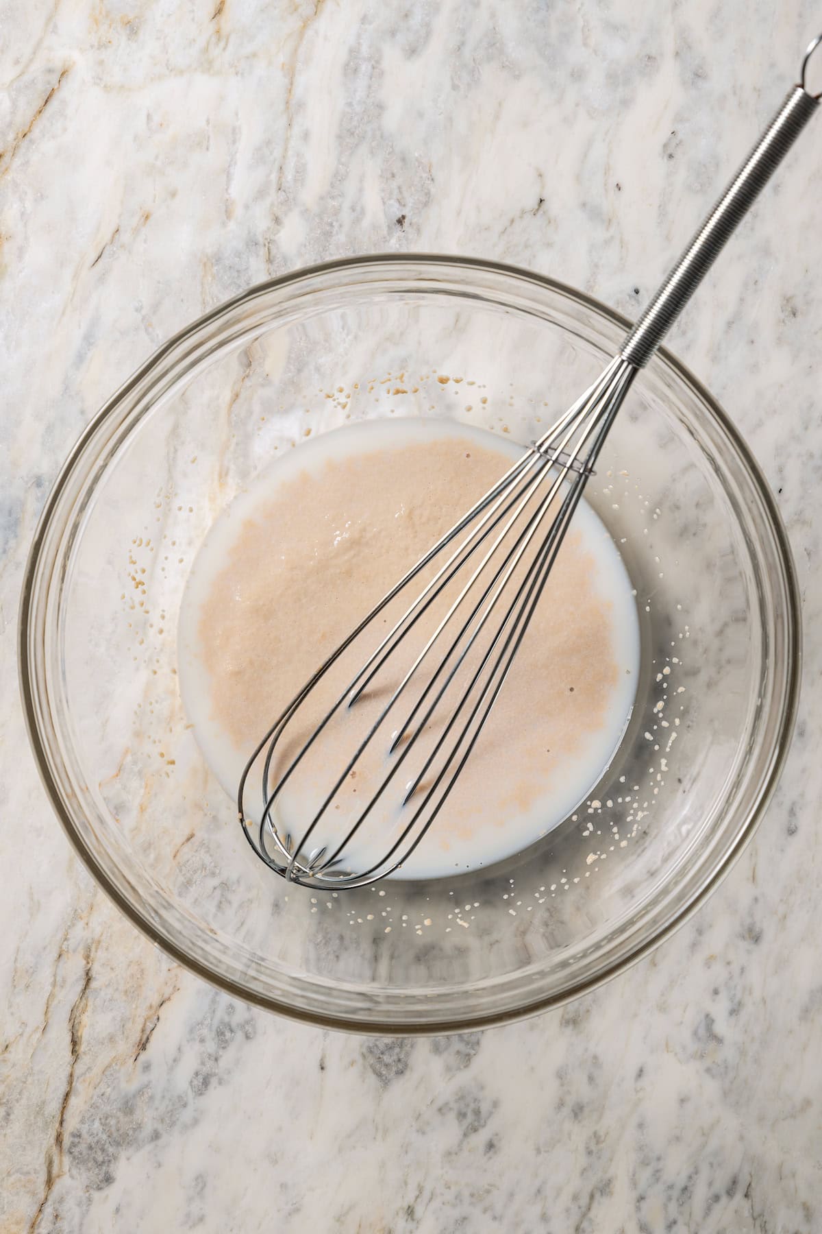 Yeast activating in a bowl of warm water with a whisk.