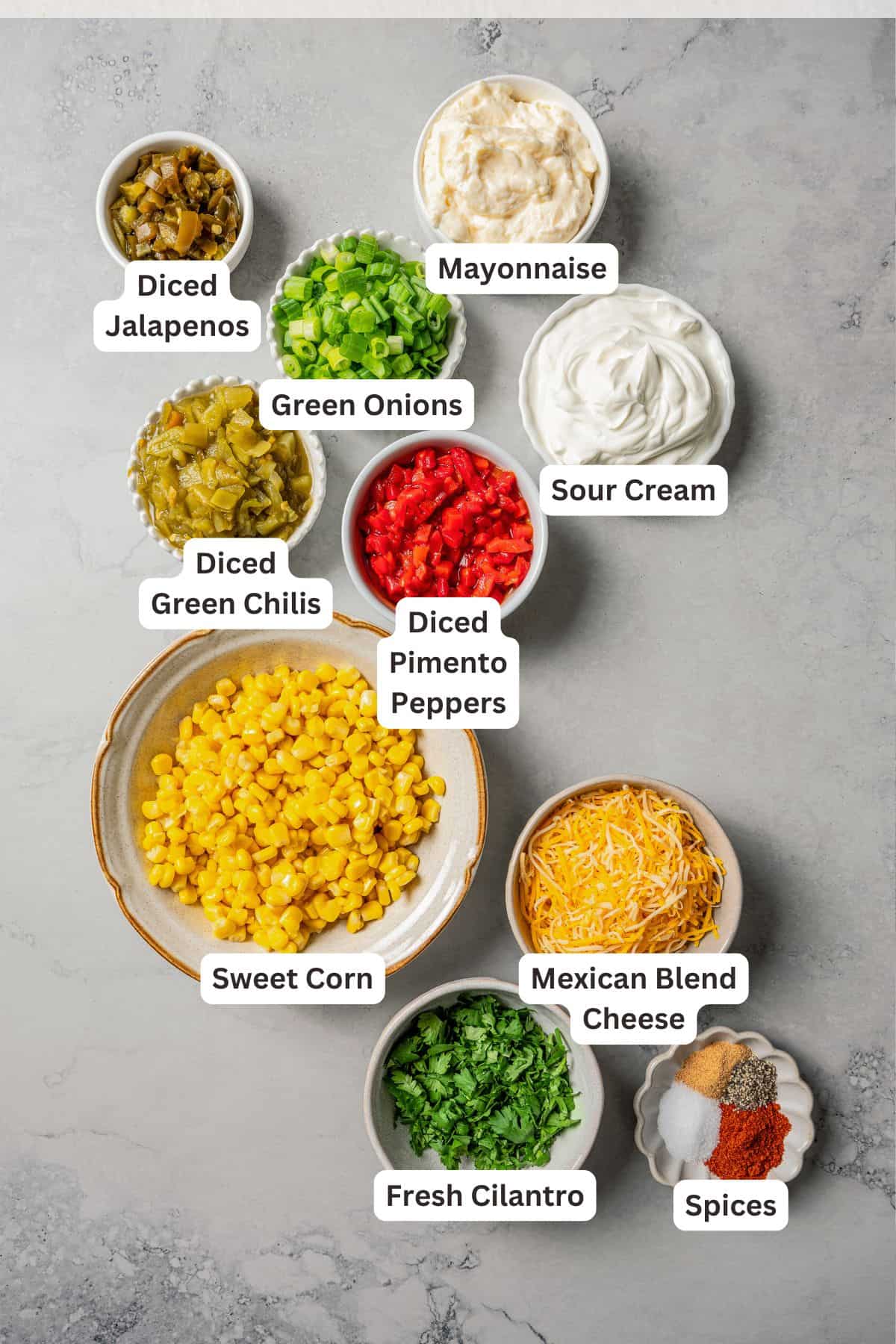 Corn dip ingredients with text labels overlaying each ingredient.