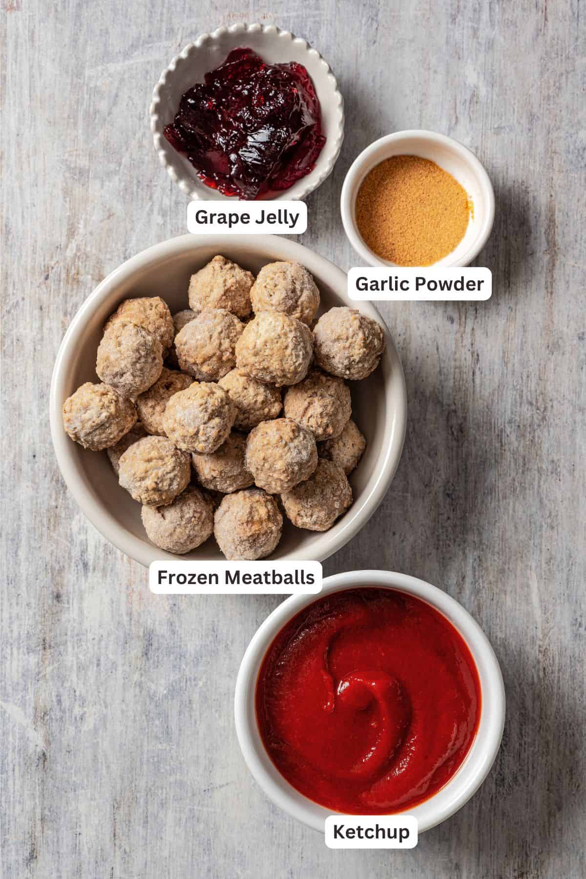 Grape jelly meatball ingredients with text labels overlaying each ingredient.