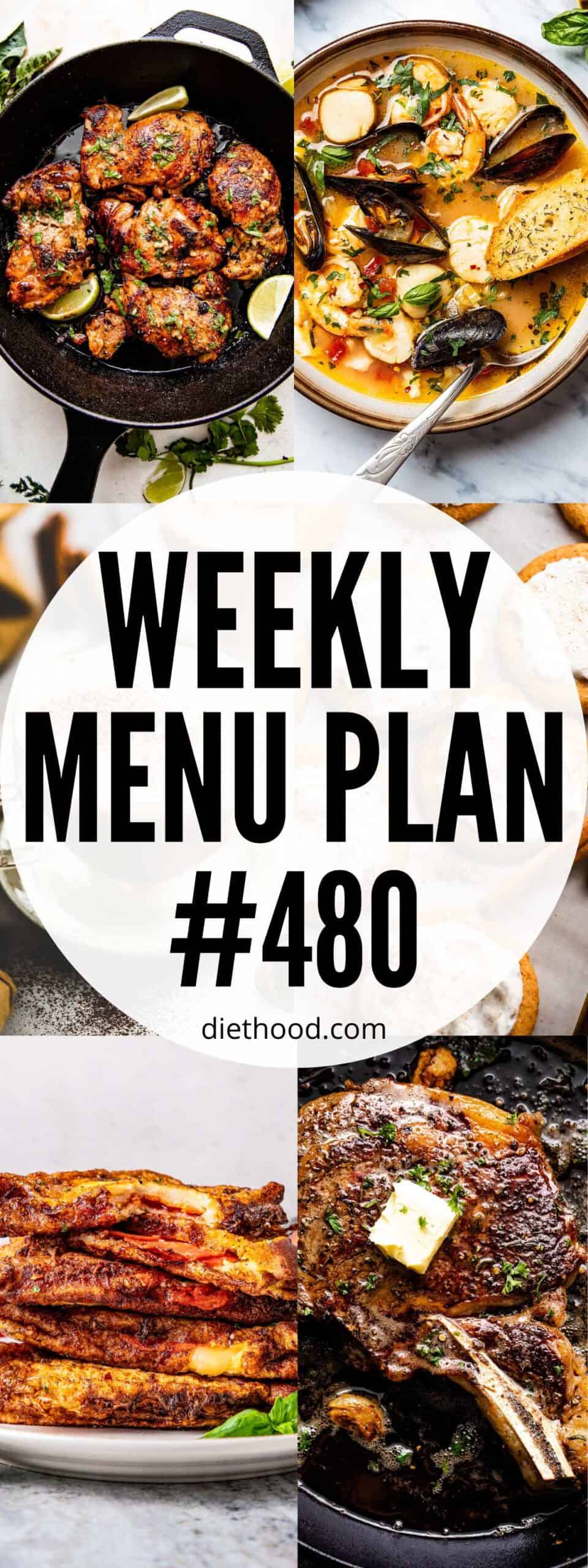 Weekly Menu Plan 480 six image collage Pinterest image.