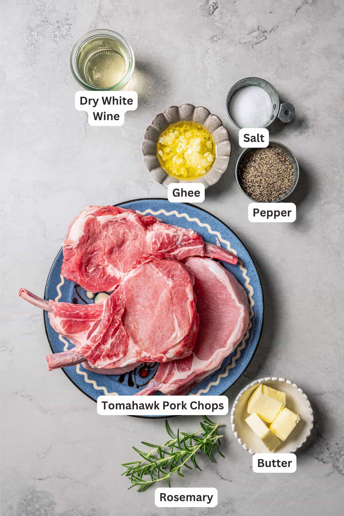 Ingredients for tomahawk pork chops with text labels overlaying each ingredient.