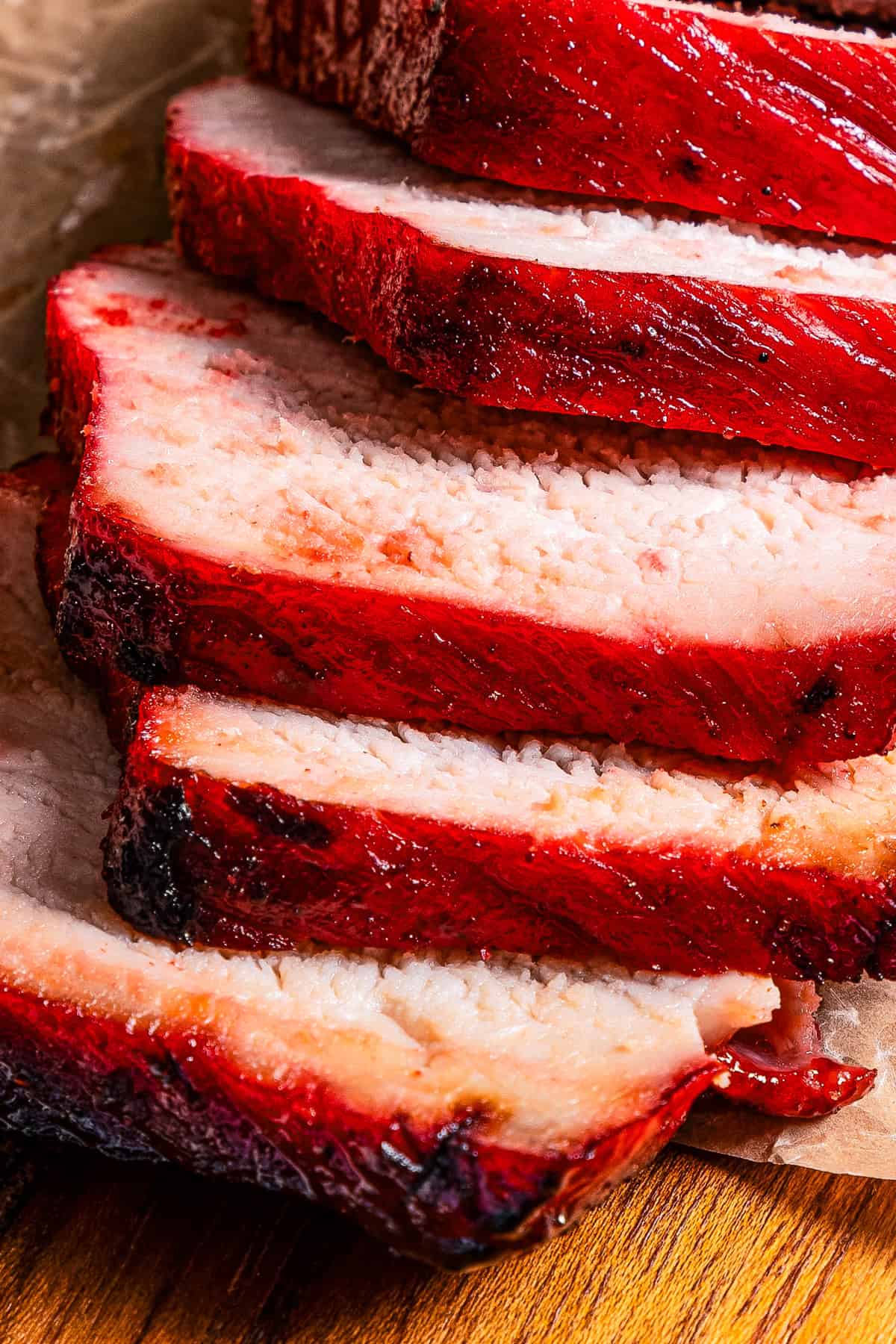 Sliced char siu pork tenderloin.