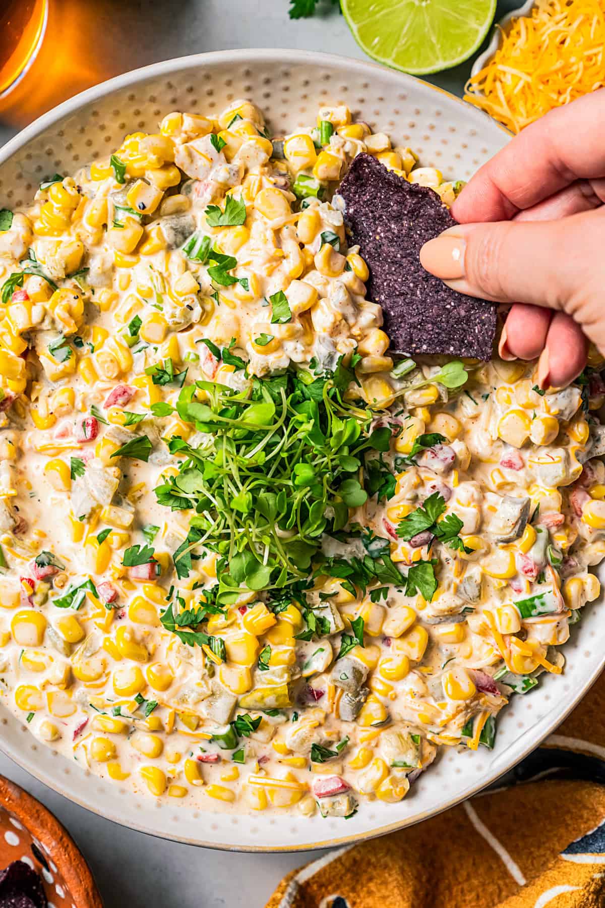 A hand dipping a black tortilla chip into a bowl of corn dip garnished with chopped herbs.