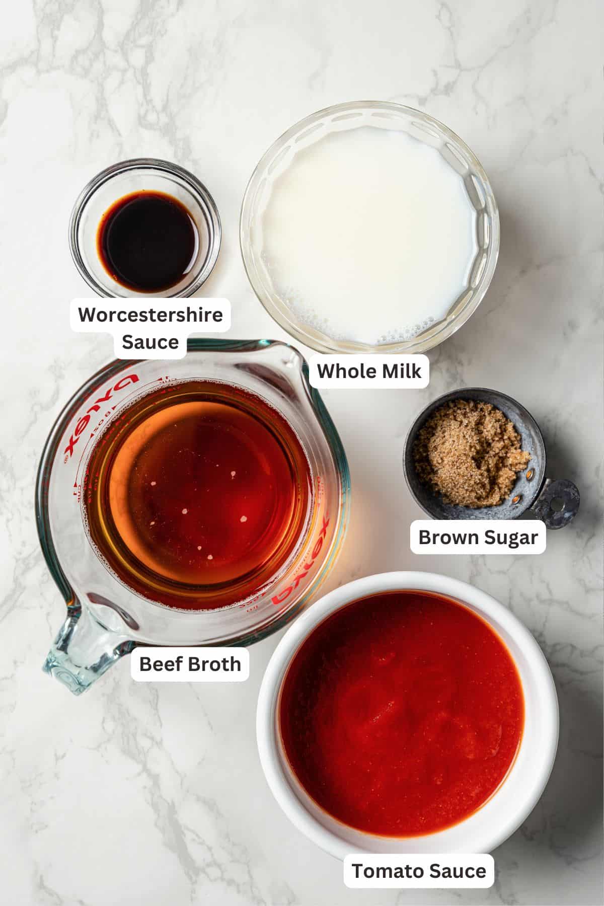 Sauce ingredients with text labels overlaying each ingredient.