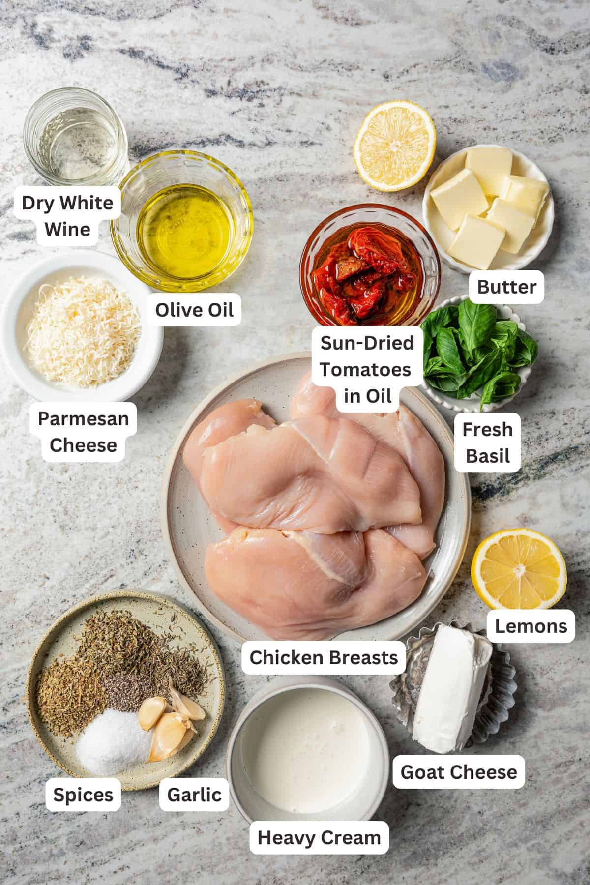 Ingredients for Chicken Bryan with text labels overlaying each ingredient.