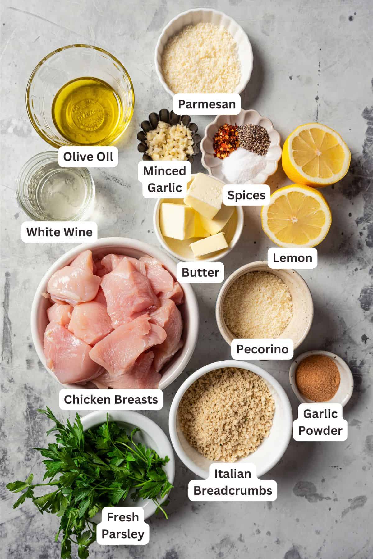 Chicken spiedini ingredients with text labels overlaying each ingredient.