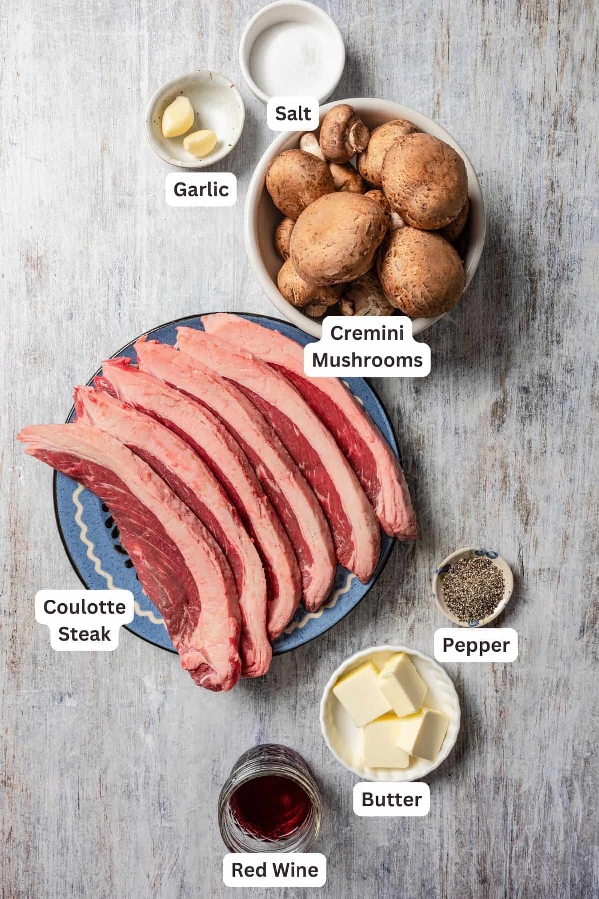 Ingredients for coulotte steak on a table.