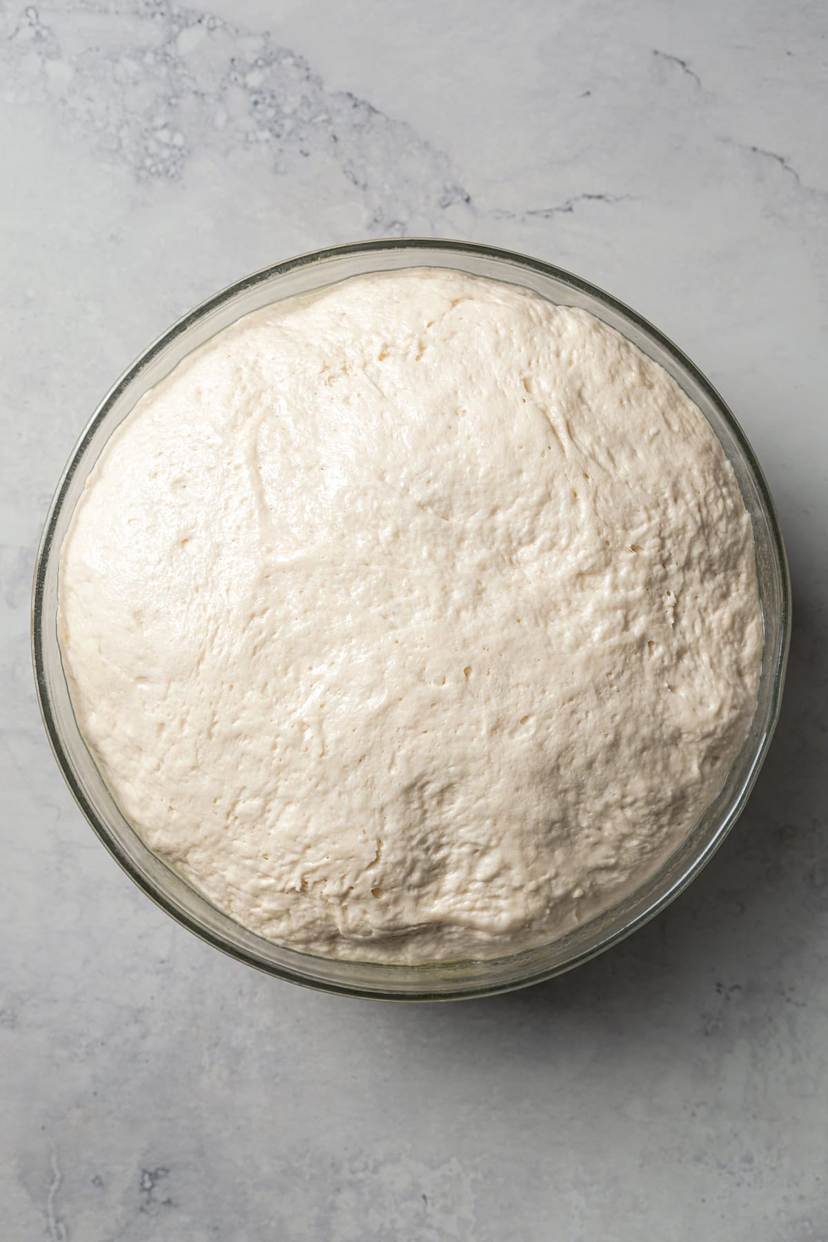 Bagel dough after rising in a glass bowl.