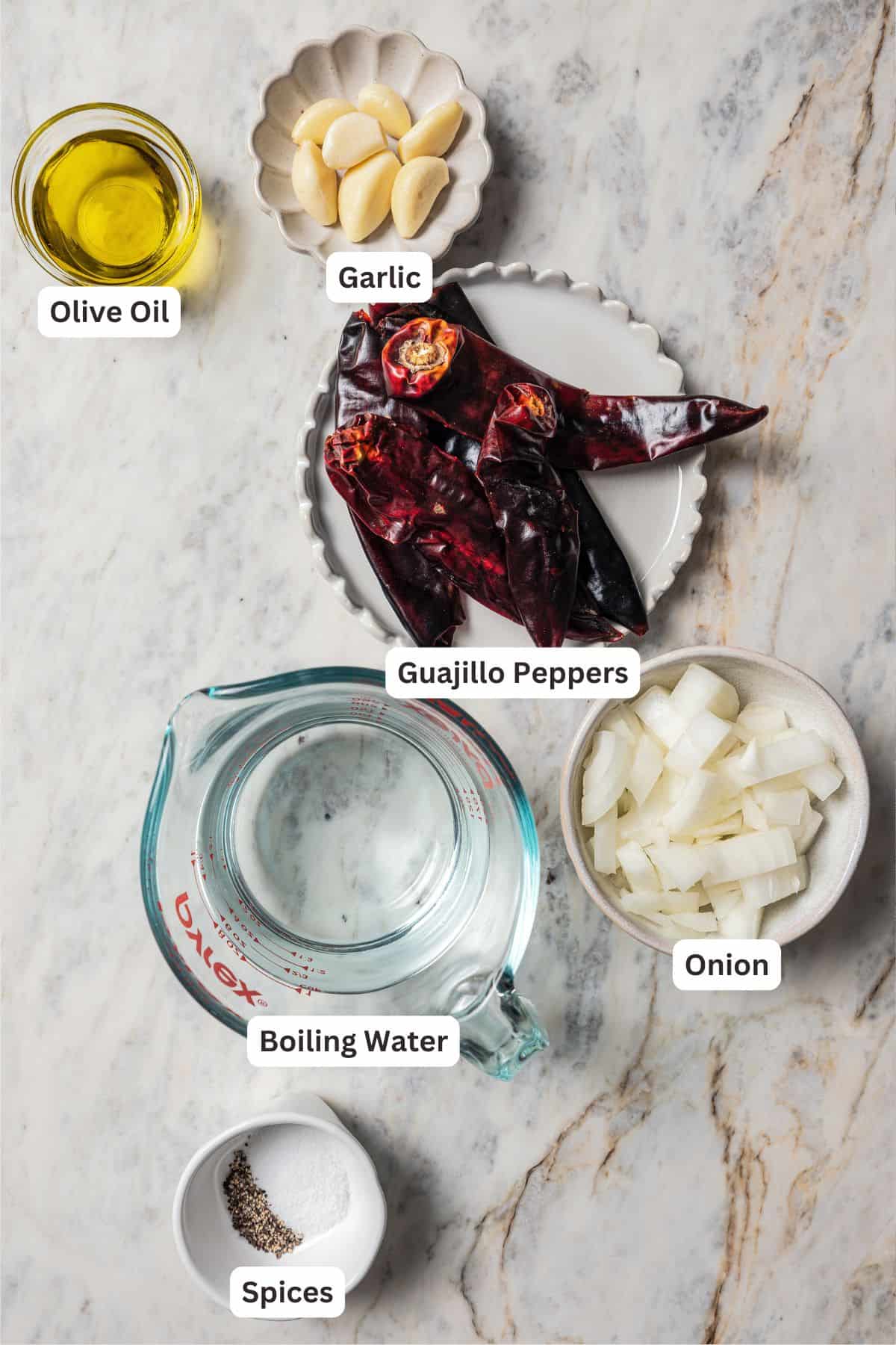 Ingredients for guajillo chili sauce.