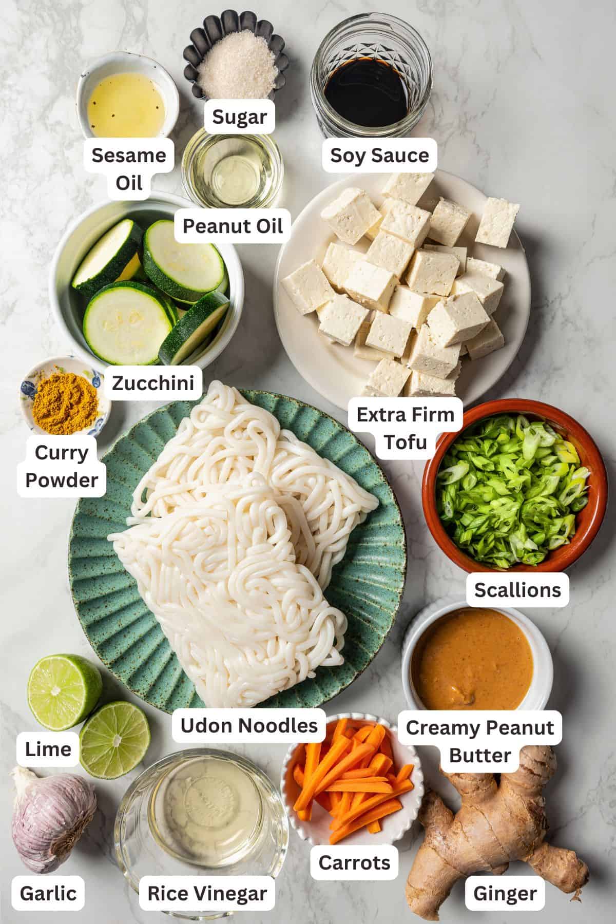 Ingredients for peanut noodles with tofu.